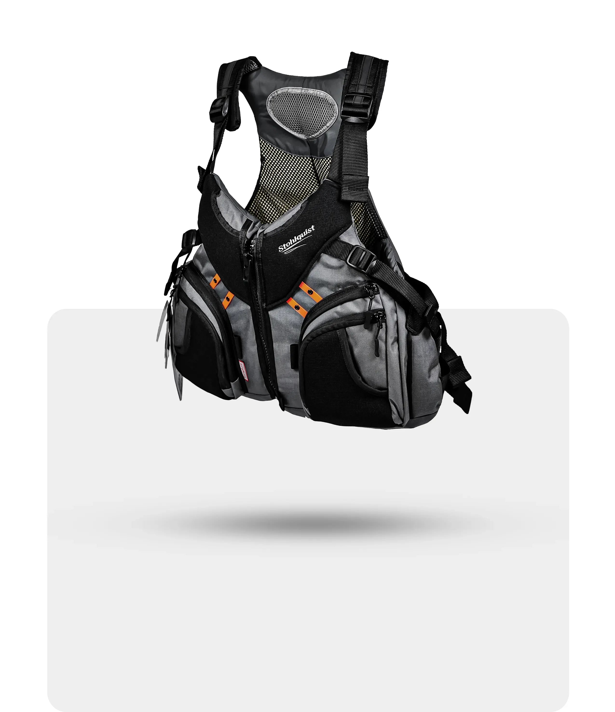 Stohlquist gray kayaking life jacket with zippered pockets and mesh back, floating on white background