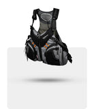 Stohlquist gray kayaking life jacket with zippered pockets and mesh back, floating on white background