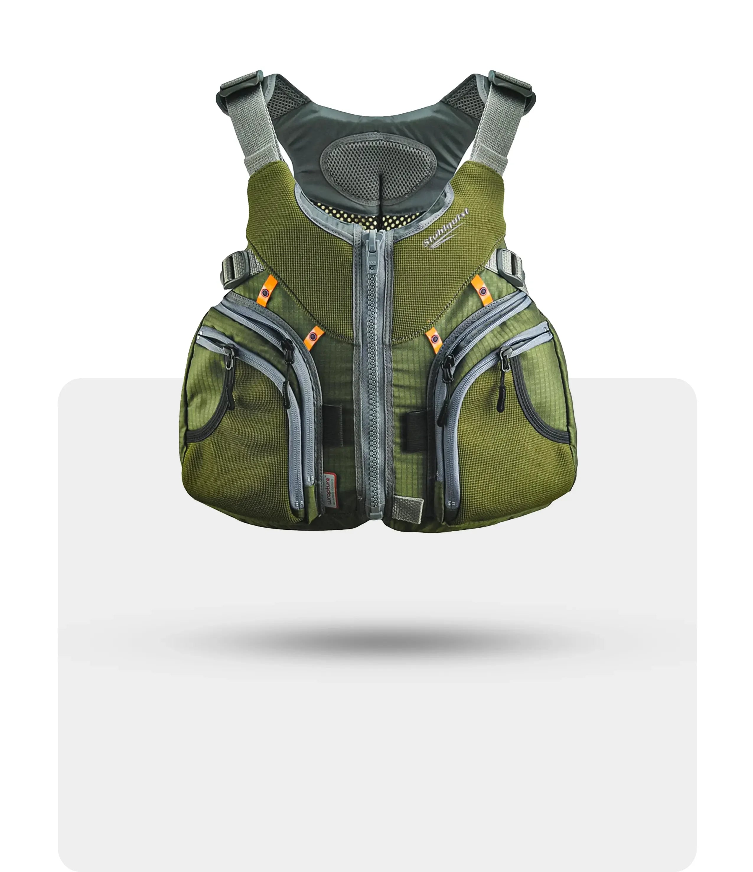 Stohlquist green kayaking life jacket with front zipper and multiple gear pockets