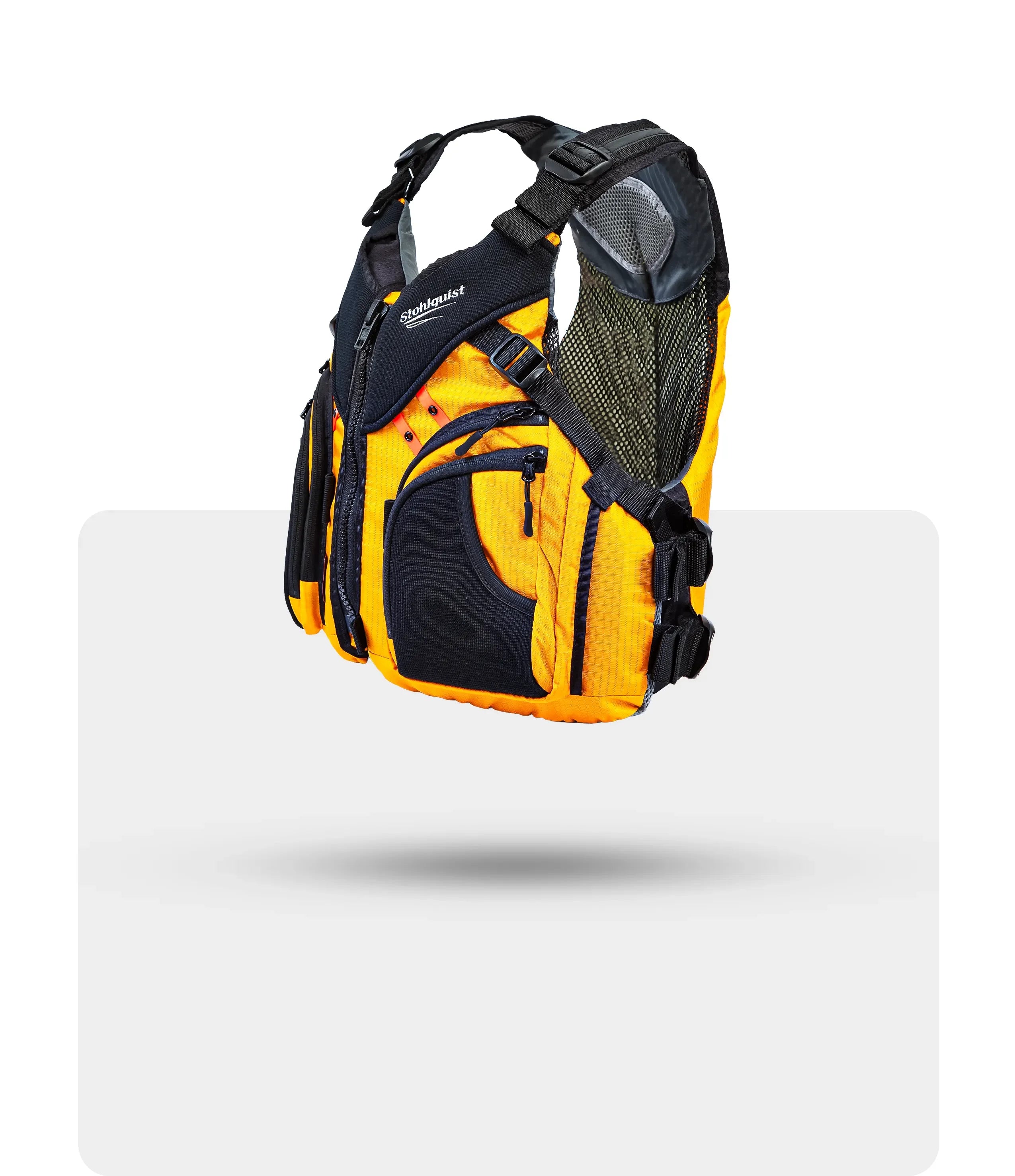 Stohlquist yellow kayak life jacket with black mesh and zip pockets, side product view