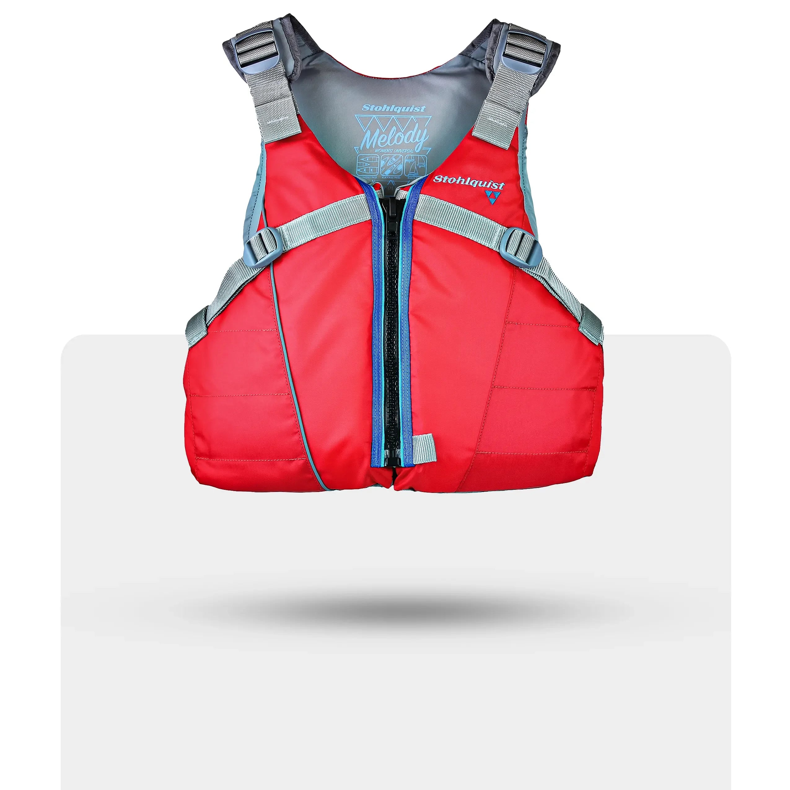 Stohlquist Melody red kayaking life jacket with front zipper and adjustable straps