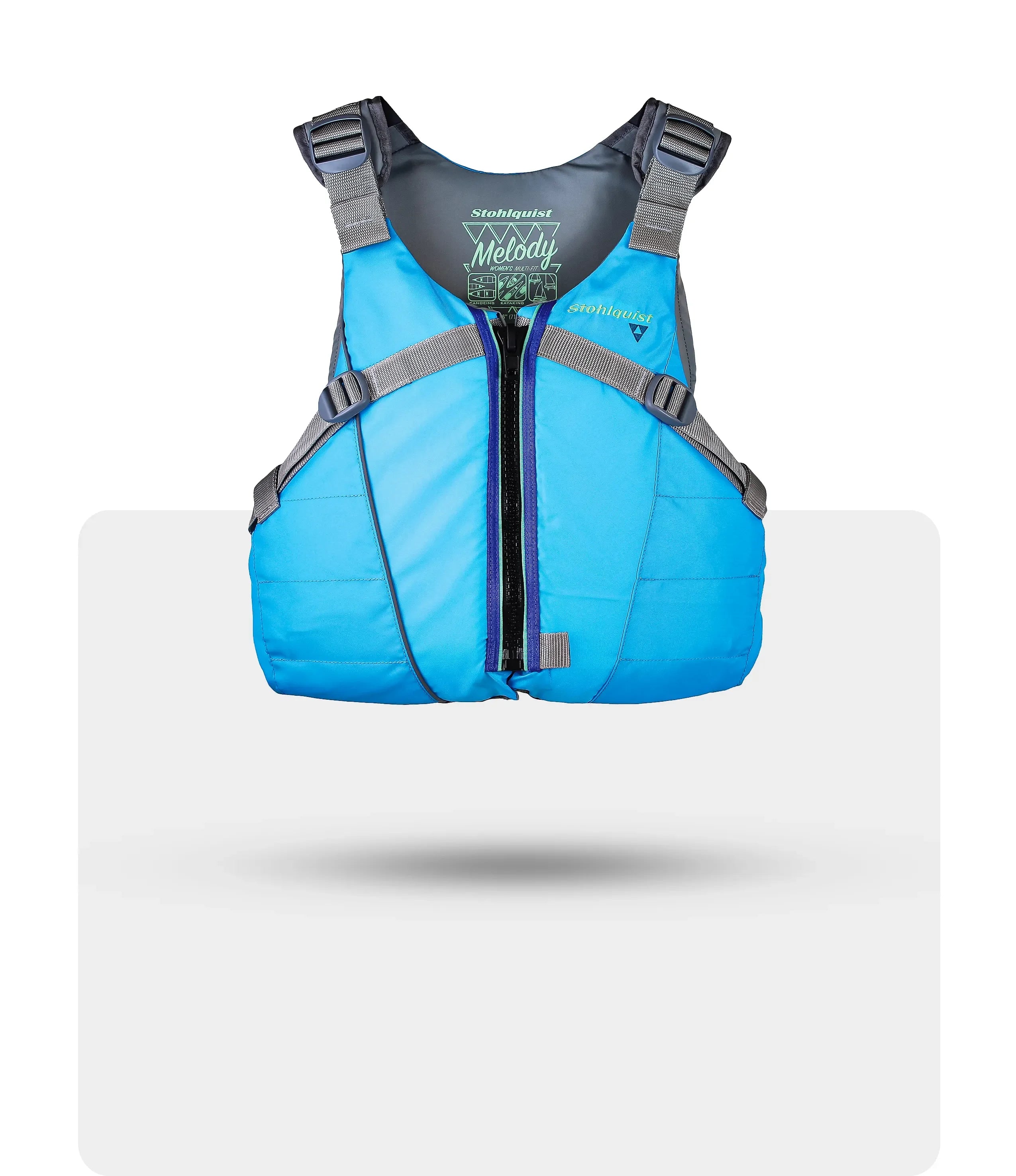 Stohlquist Melody blue kayaking life jacket with front zipper and adjustable straps