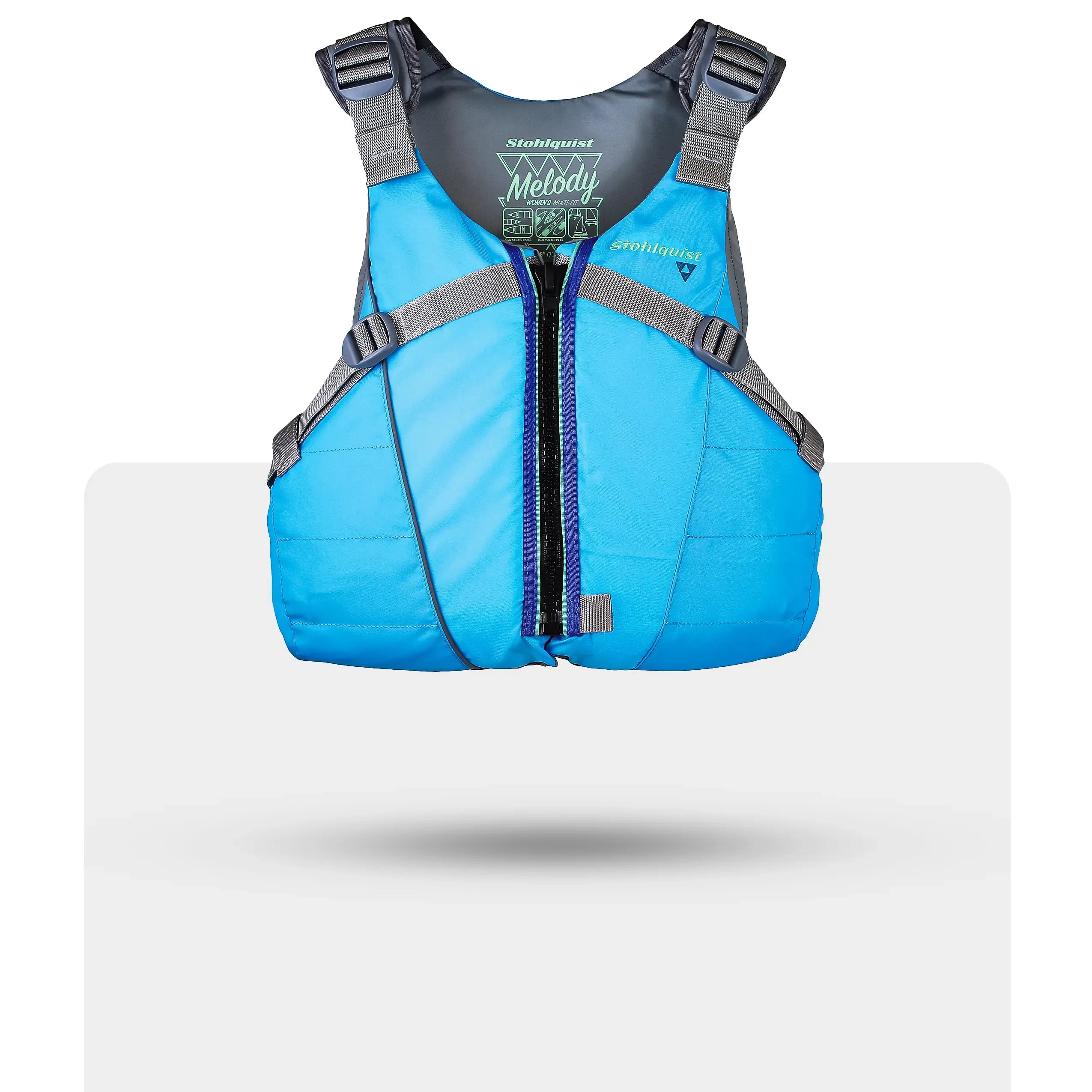 Stohlquist Melody blue kayaking life jacket with front zipper and adjustable straps
