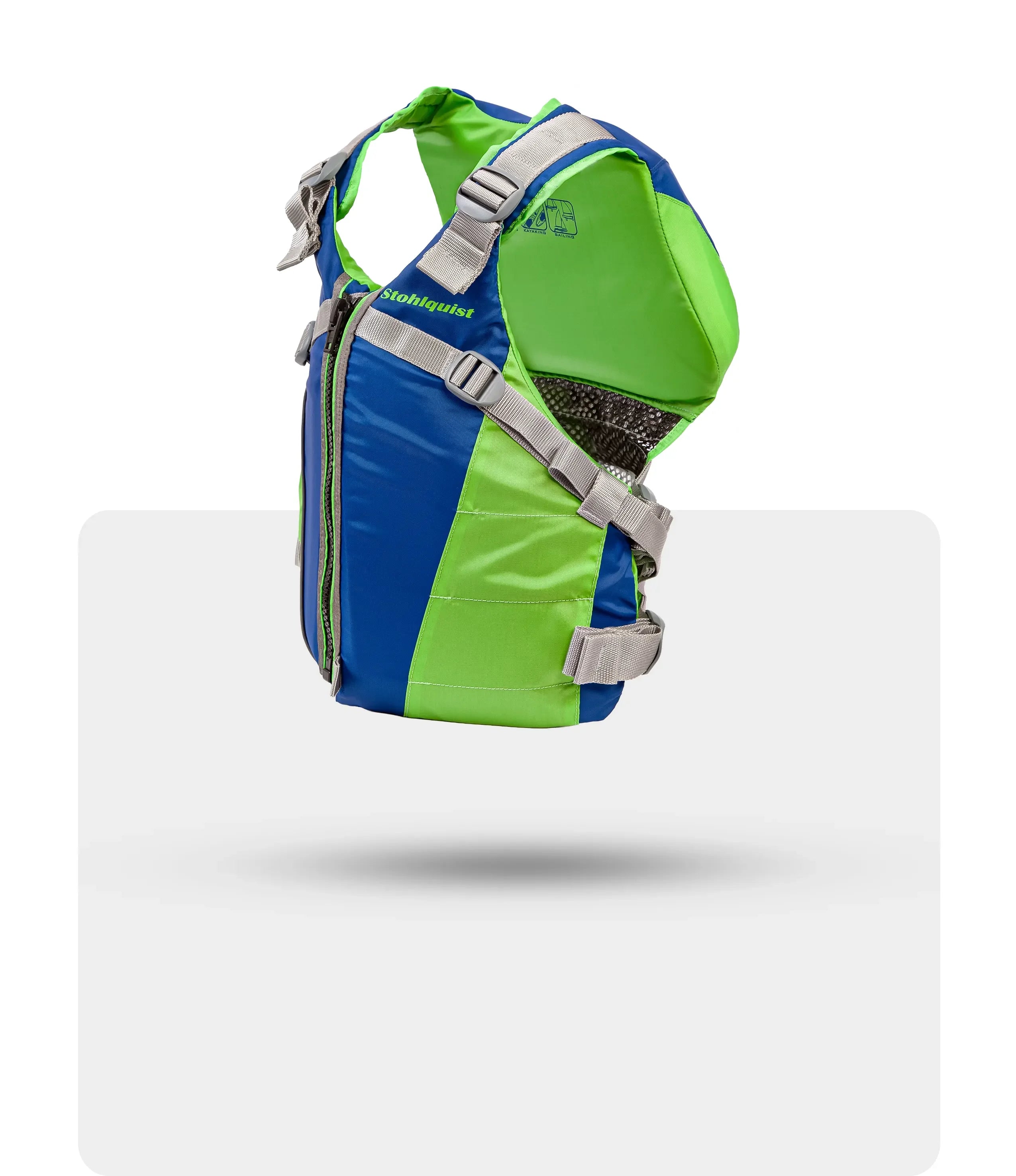 Stohlquist green and blue kayaking life jacket with adjustable straps, side view