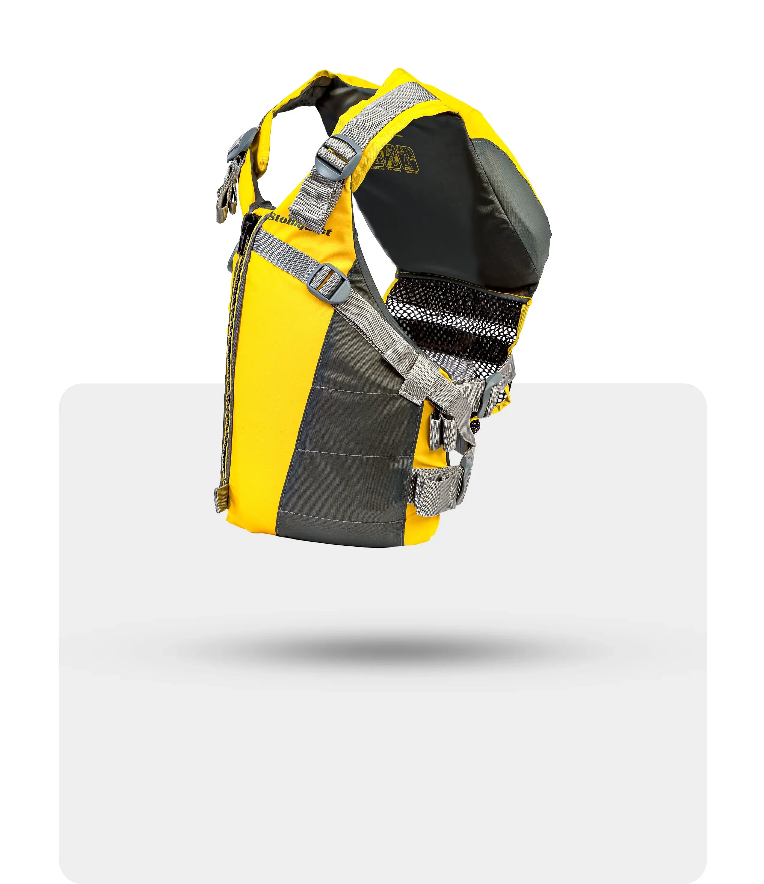Stohlquist yellow and gray kayaking life jacket with adjustable straps, side view