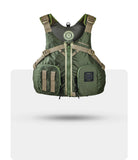 Stohlquist green kayaking life jacket with pockets and adjustable straps, front view