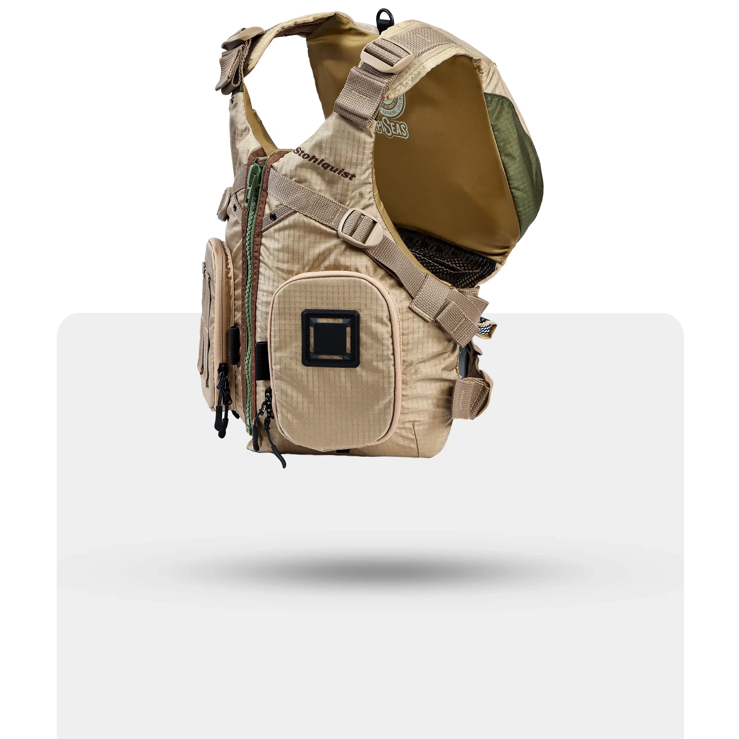 Stohlquist khaki kayaking life jacket with multiple pockets and adjustable straps