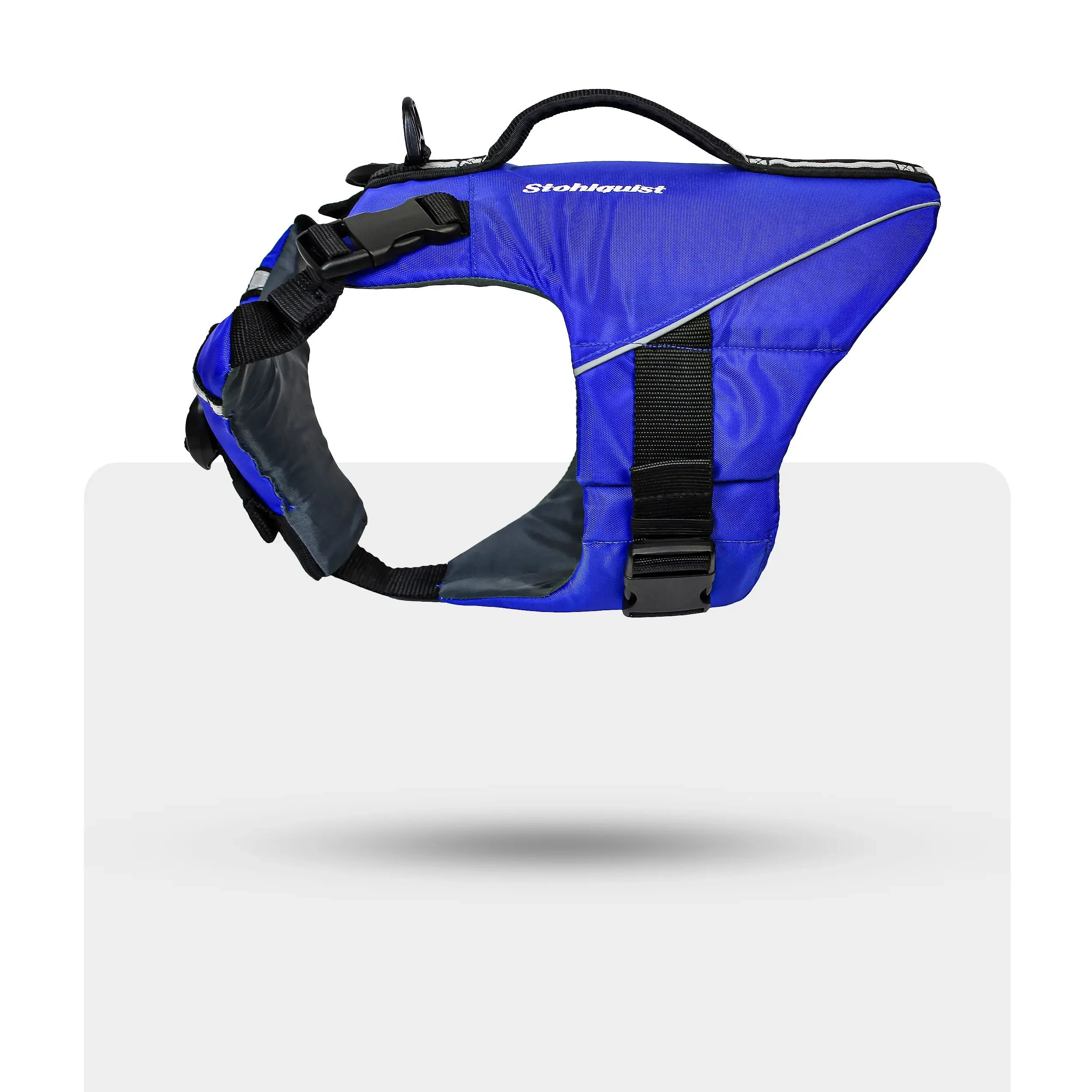 Stohlquist blue dog life jacket with secure straps, side view, on white background