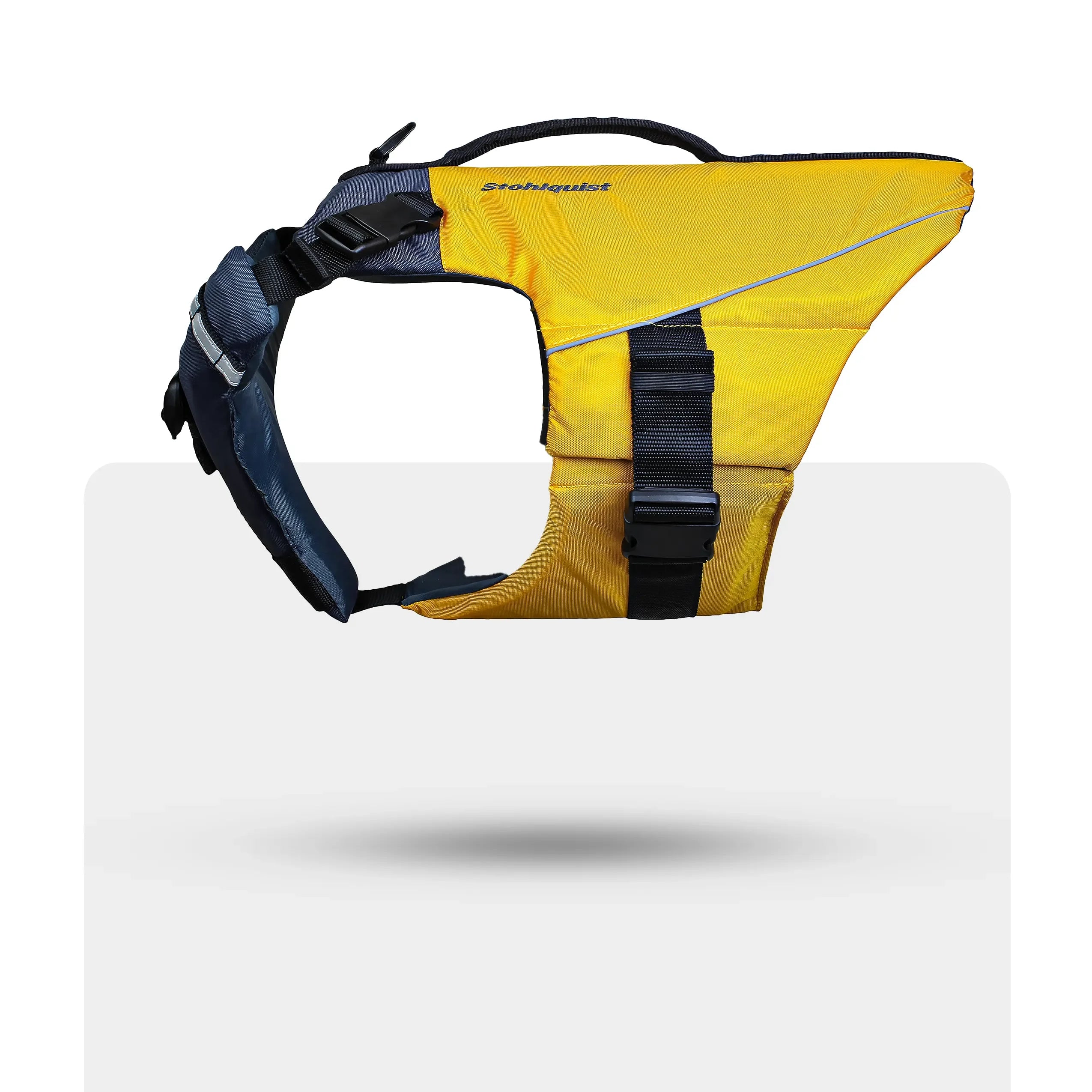Stohlquist bright yellow dog life jacket with black straps for water safety