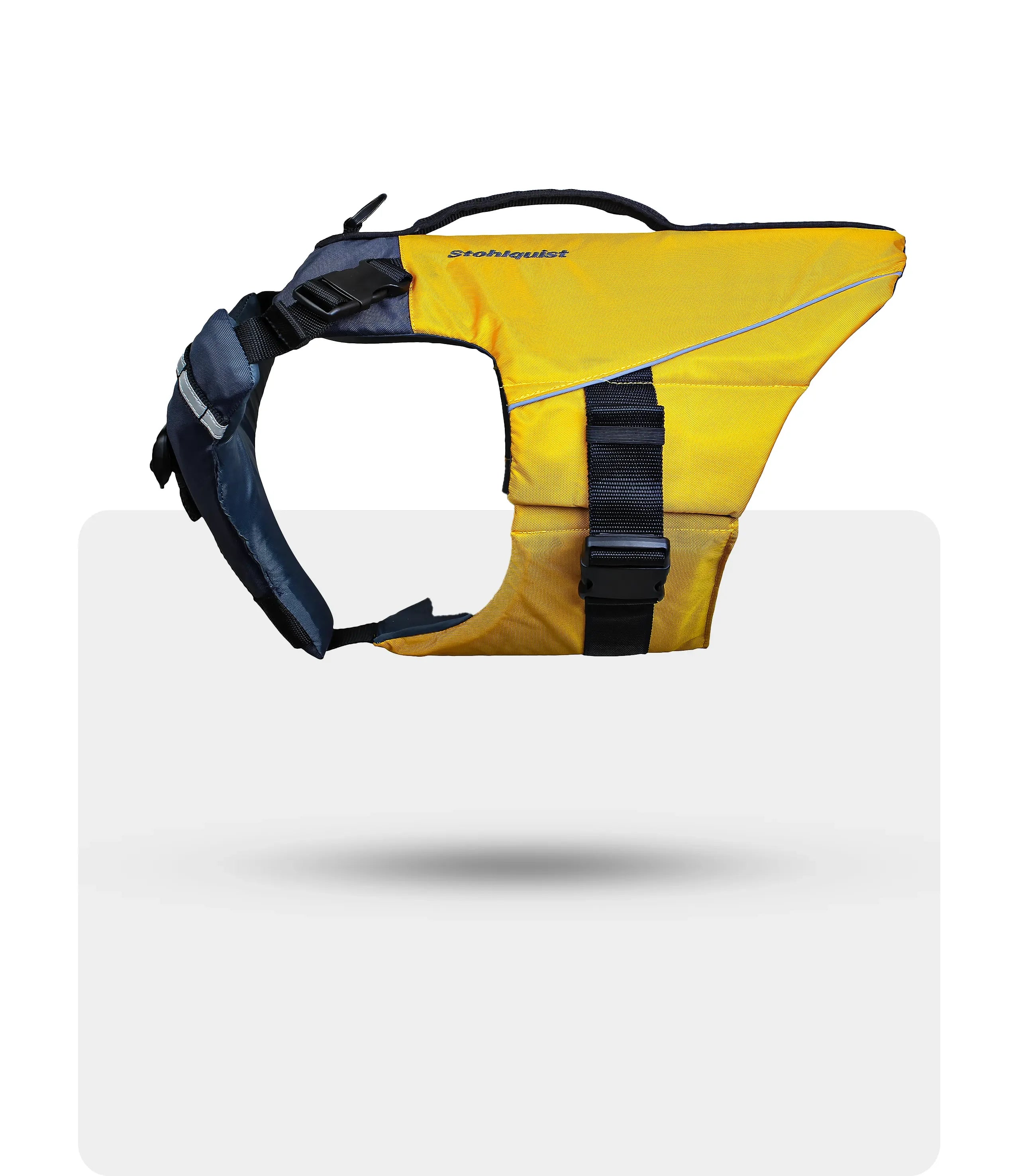 Stohlquist bright yellow dog life jacket with black straps for water safety