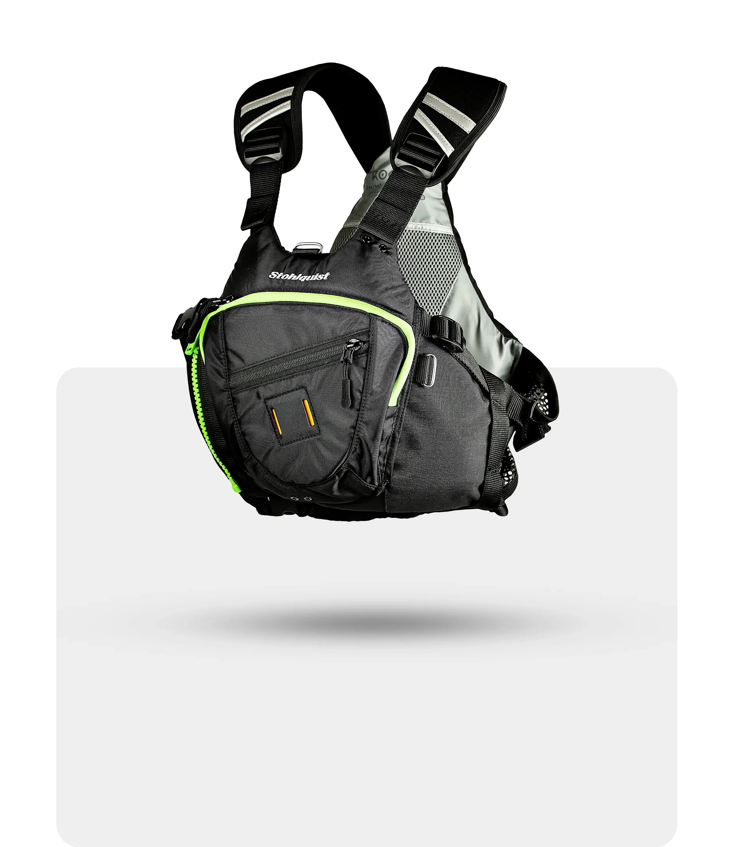 Stohlquist black kayak life jacket with front zip pocket and reflective shoulder straps