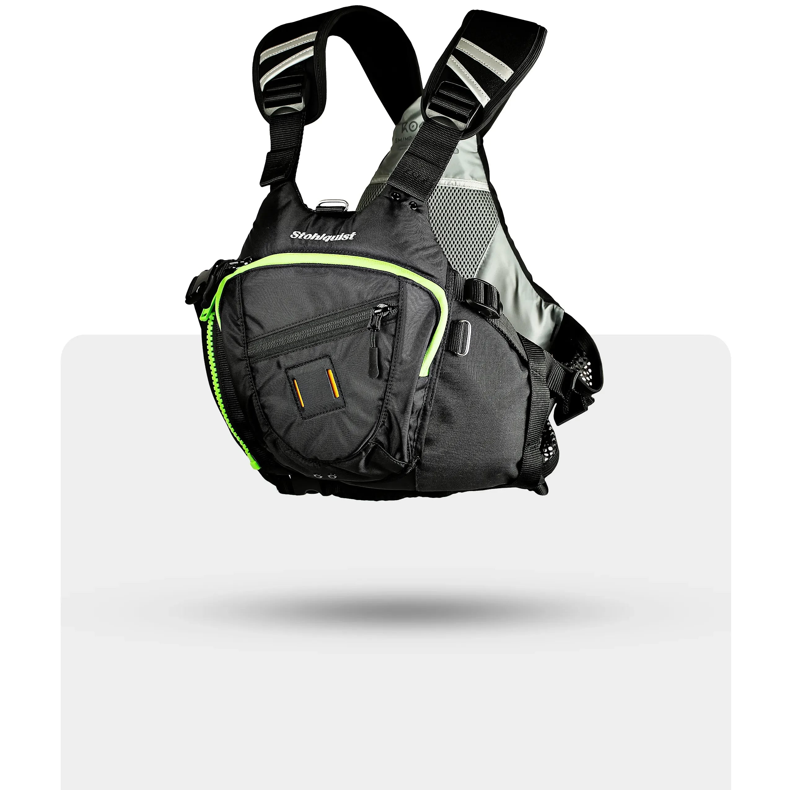 Stohlquist black kayak life jacket with front zip pocket and reflective shoulder straps