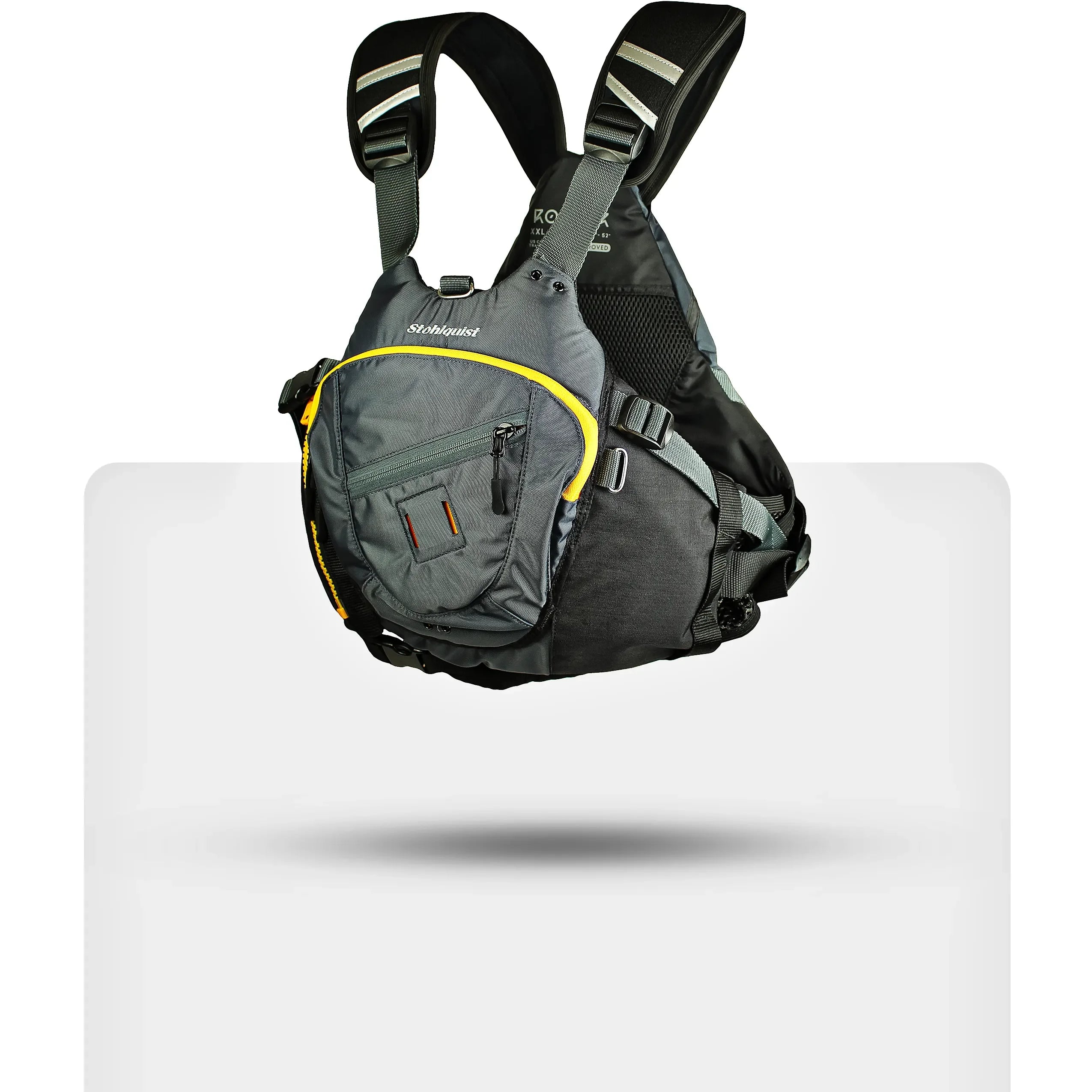 Stohlquist gray kayaking life jacket with yellow accents, adjustable straps, and front pocket