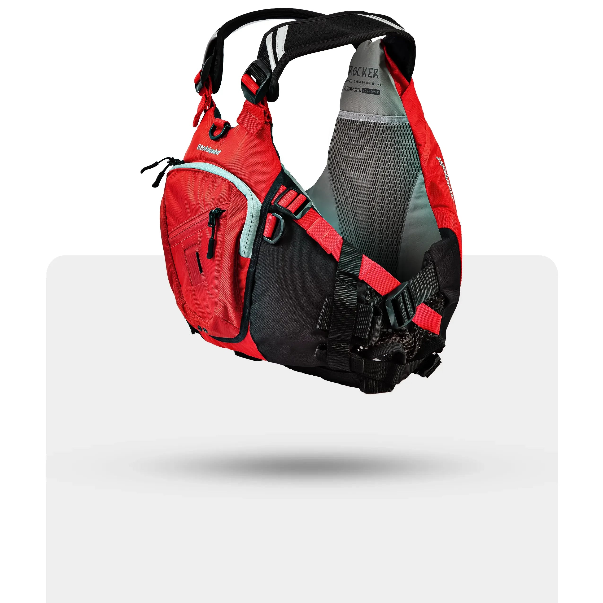 Stohlquist red kayaking life jacket with mesh back and multiple pockets