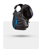 Stohlquist black kayak life jacket with blue zippers, side view, floating on white background