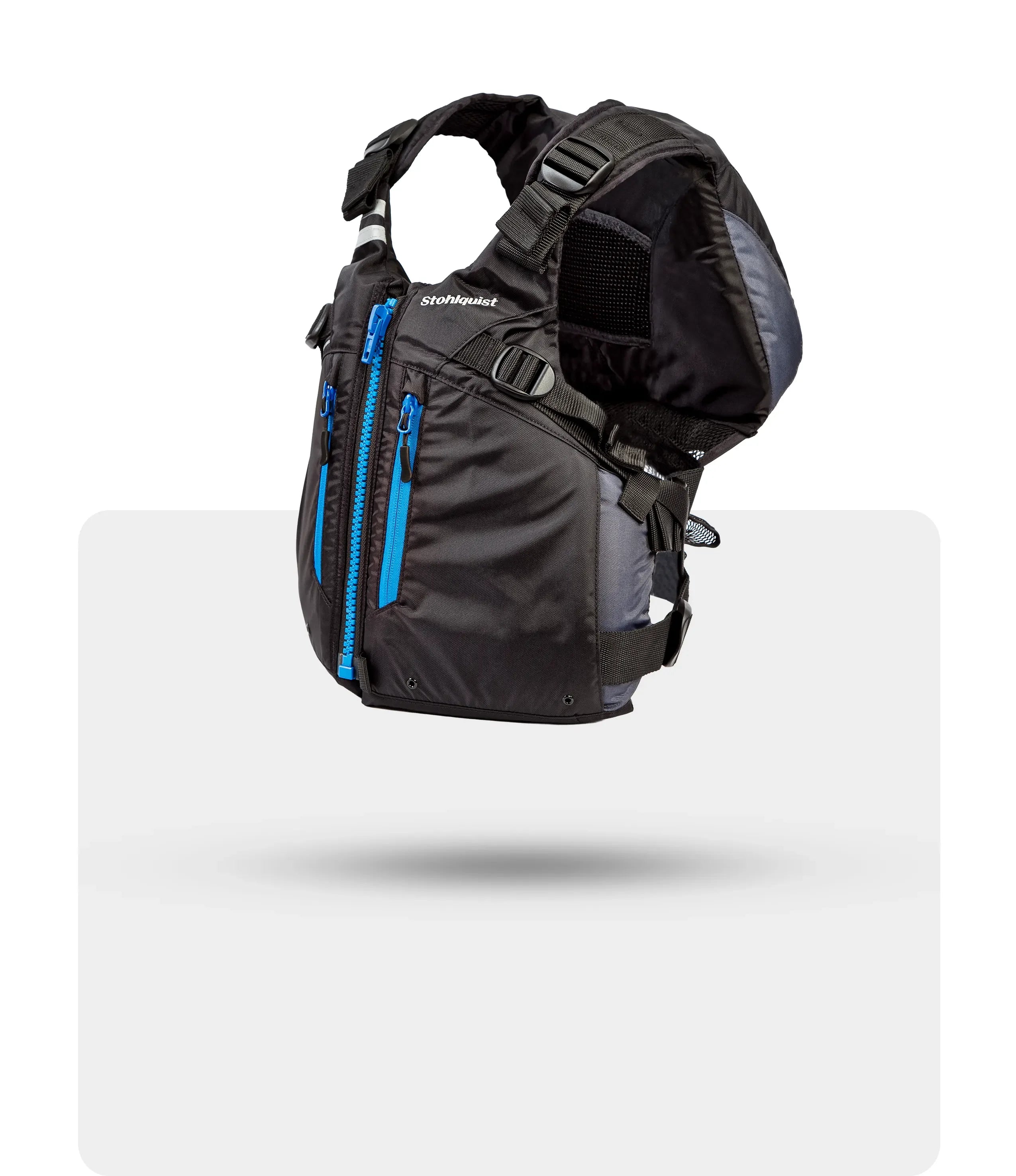 Stohlquist black kayak life jacket with blue zippers, side view, floating on white background