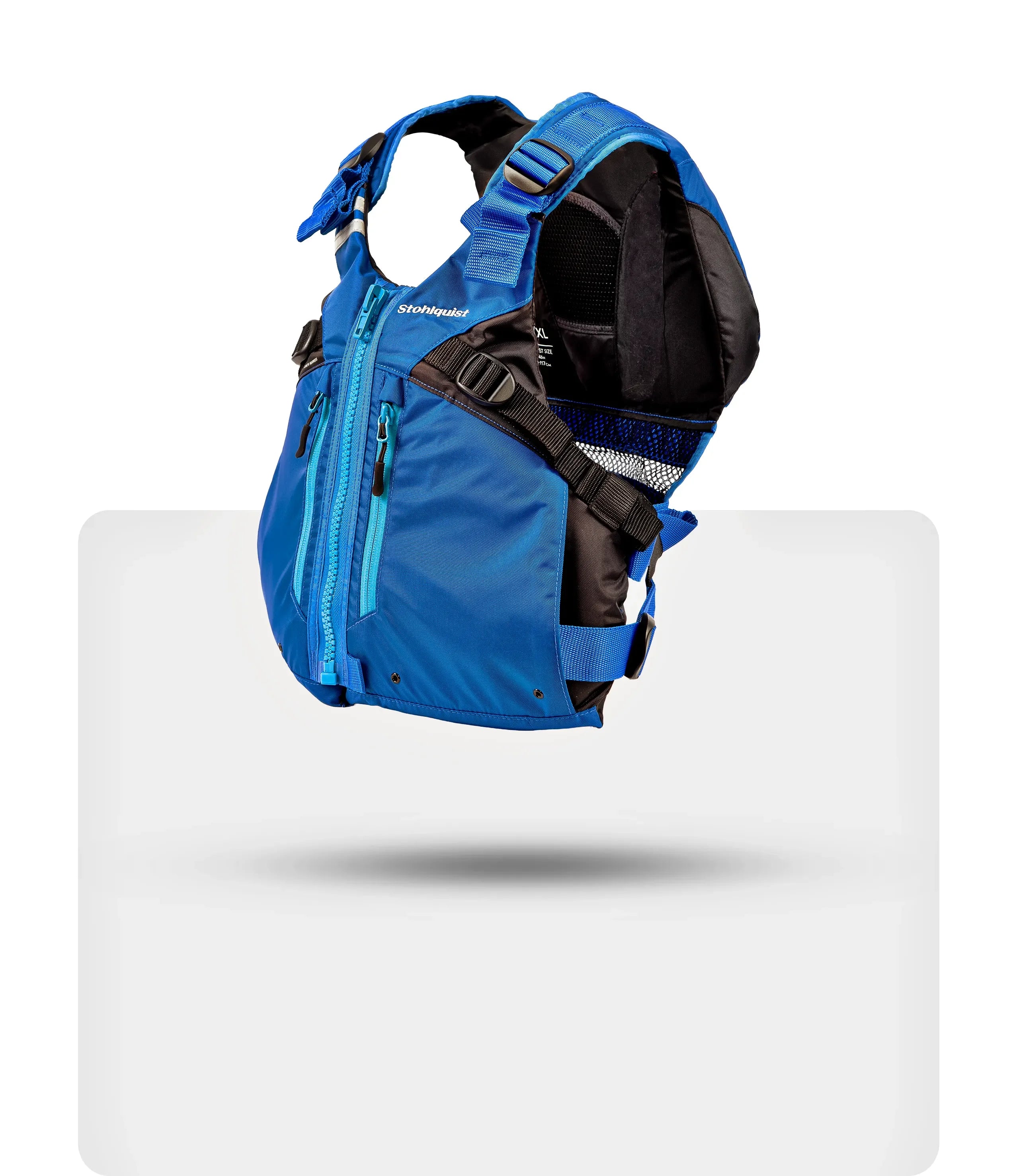 Stohlquist blue kayaking and paddling life jacket with adjustable straps and zip pockets
