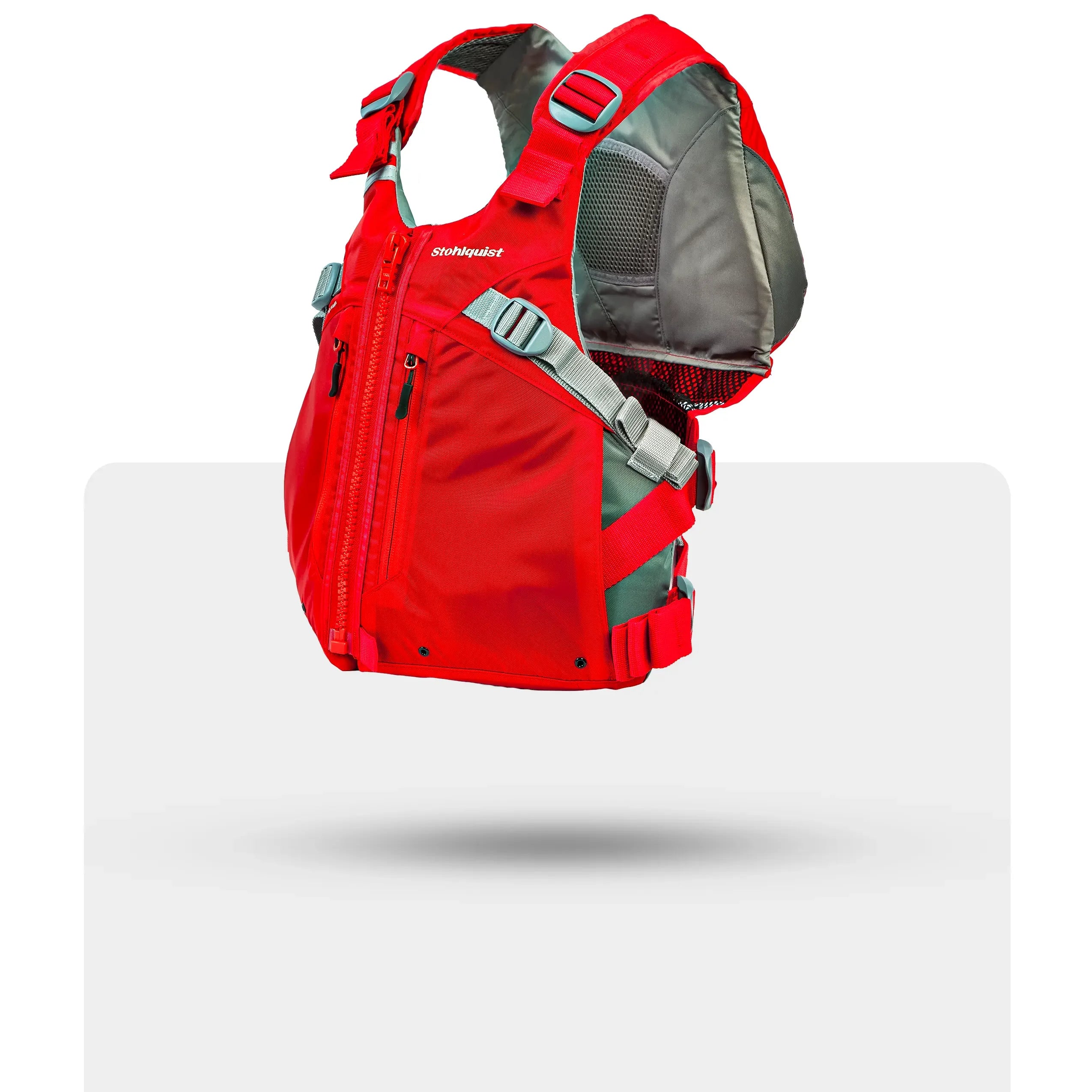 Stohlquist red kayaking life jacket with front zipper and adjustable straps