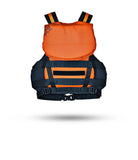 Stohlquist orange youth kayaking life jacket, back view, adjustable black straps