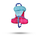 Back view of Stohlquist child aqua pink life jacket with blue handle and safety straps