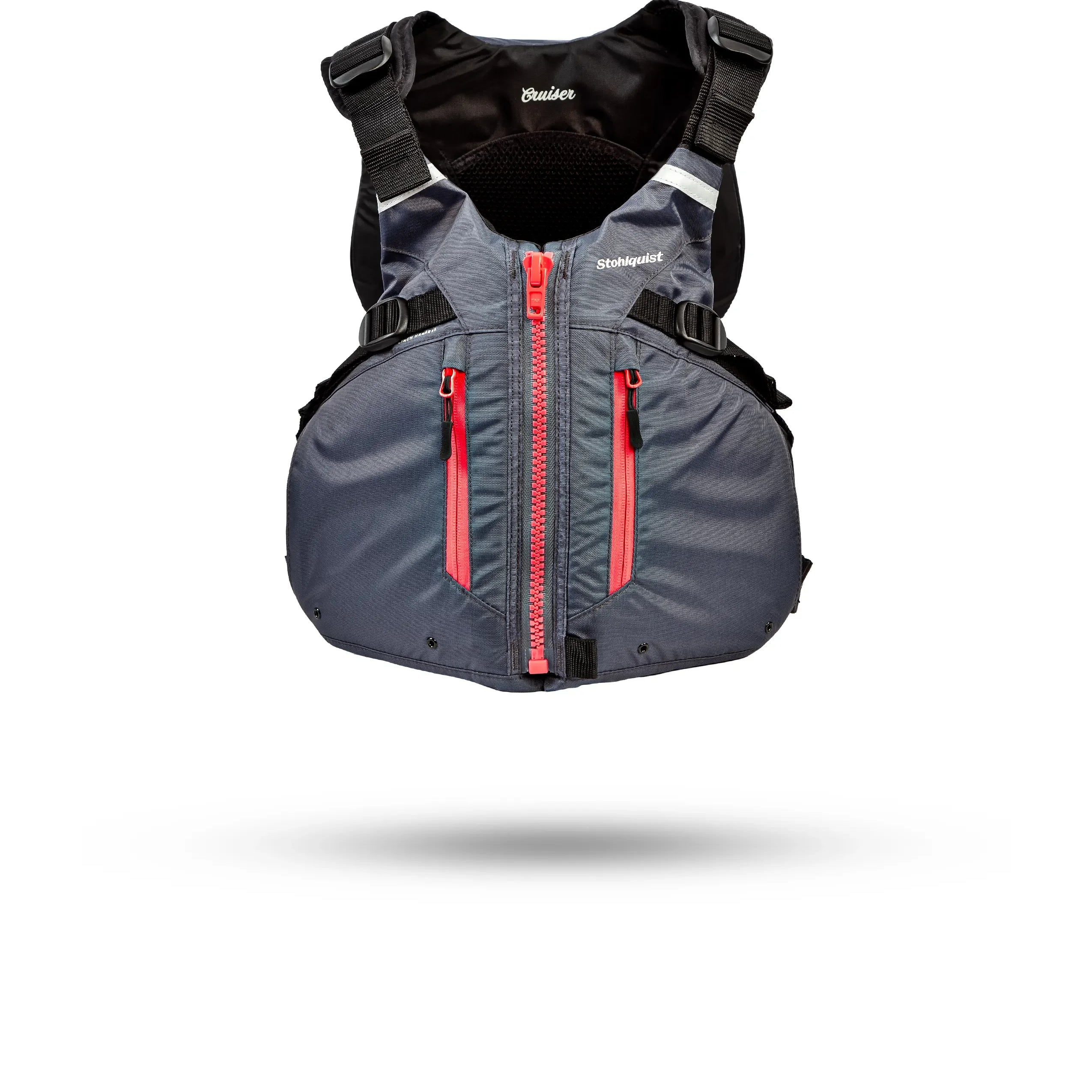 Stohlquist Cruiser gray and coral women's kayak life jacket with front zipper and pockets