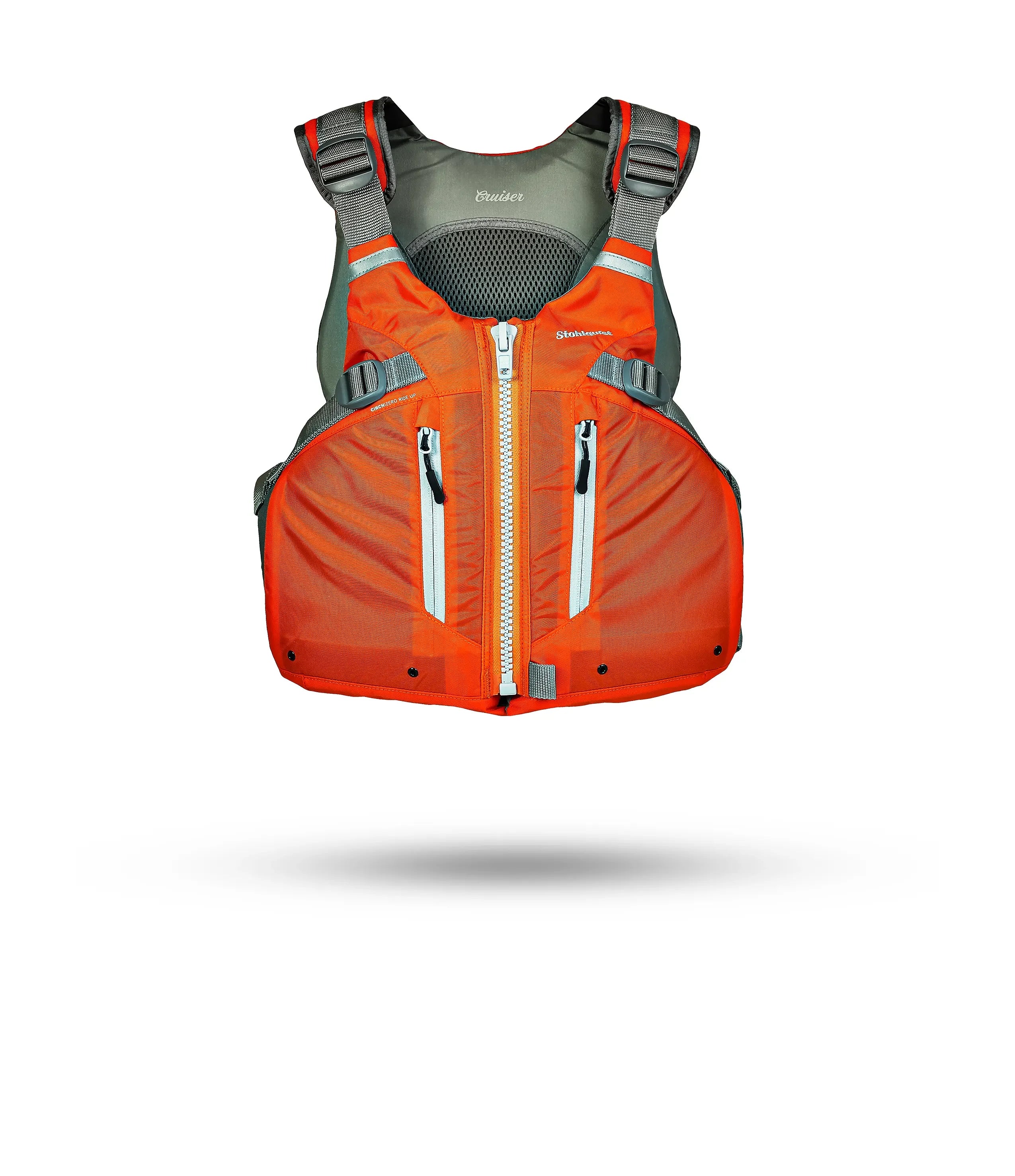 Stohlquist orange and gray kayaking life jacket with front zipper and pockets