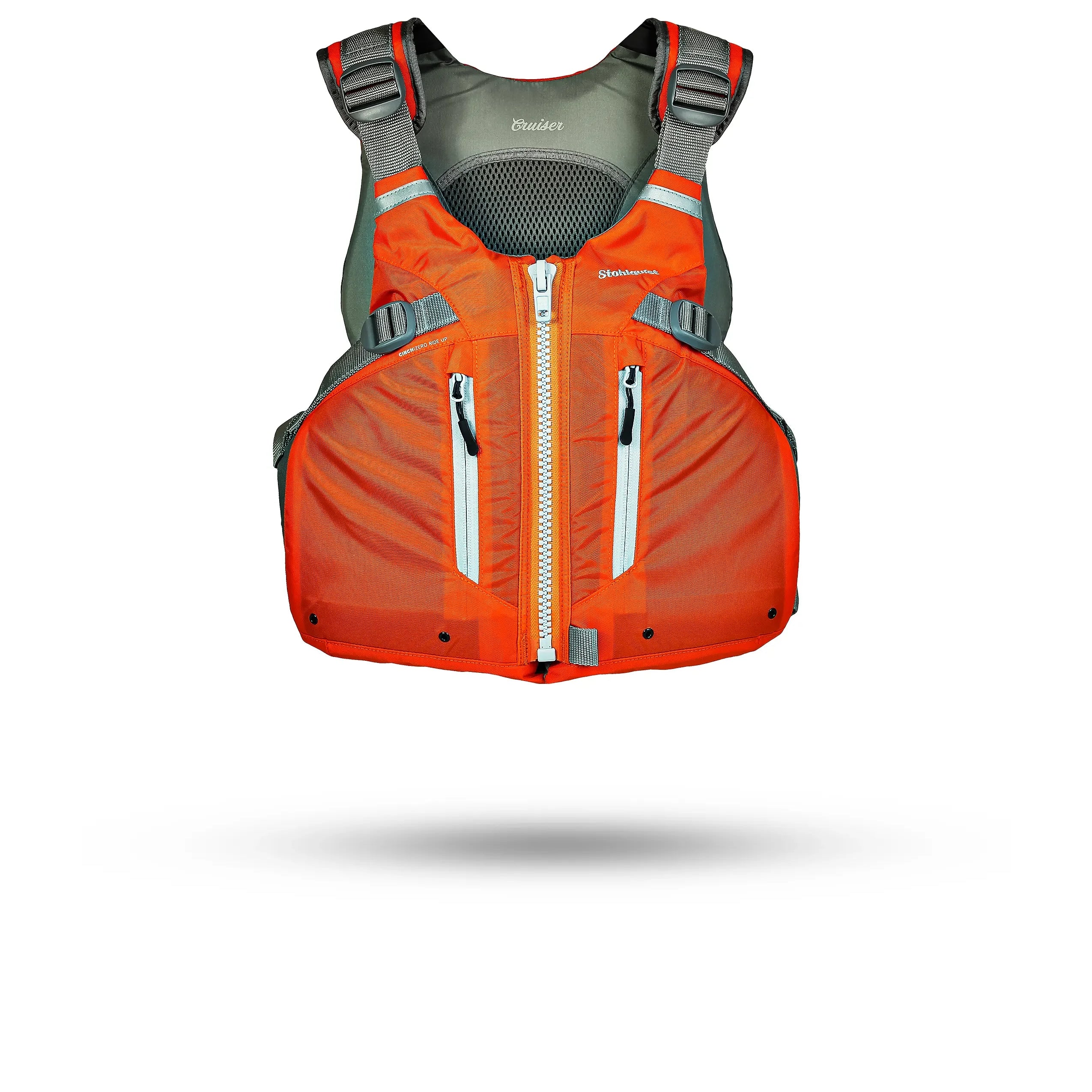 Stohlquist orange and gray kayaking life jacket with front zipper and pockets