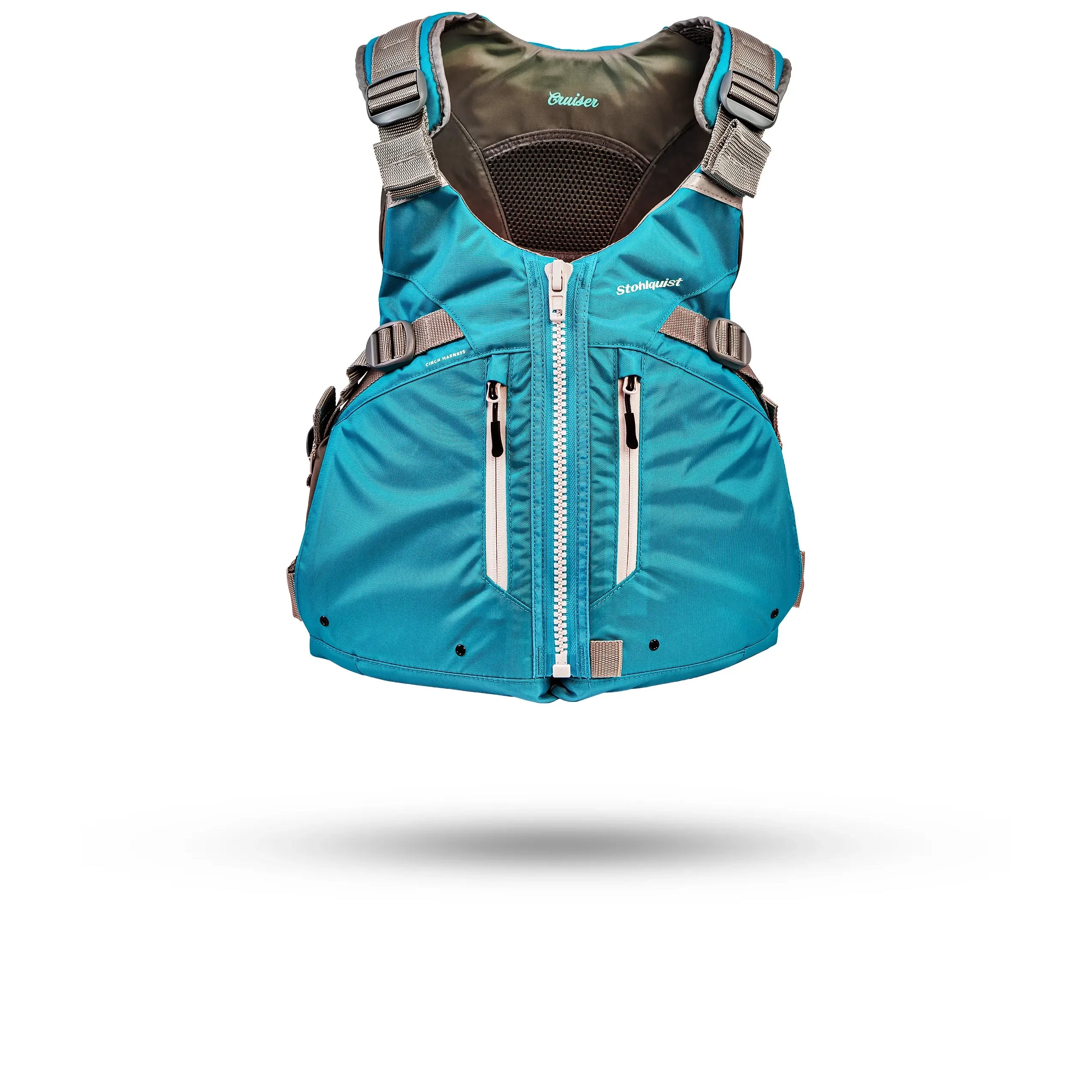 Stohlquist Cruiser turquoise and gray kayaking life jacket front view, safety gear for paddling.