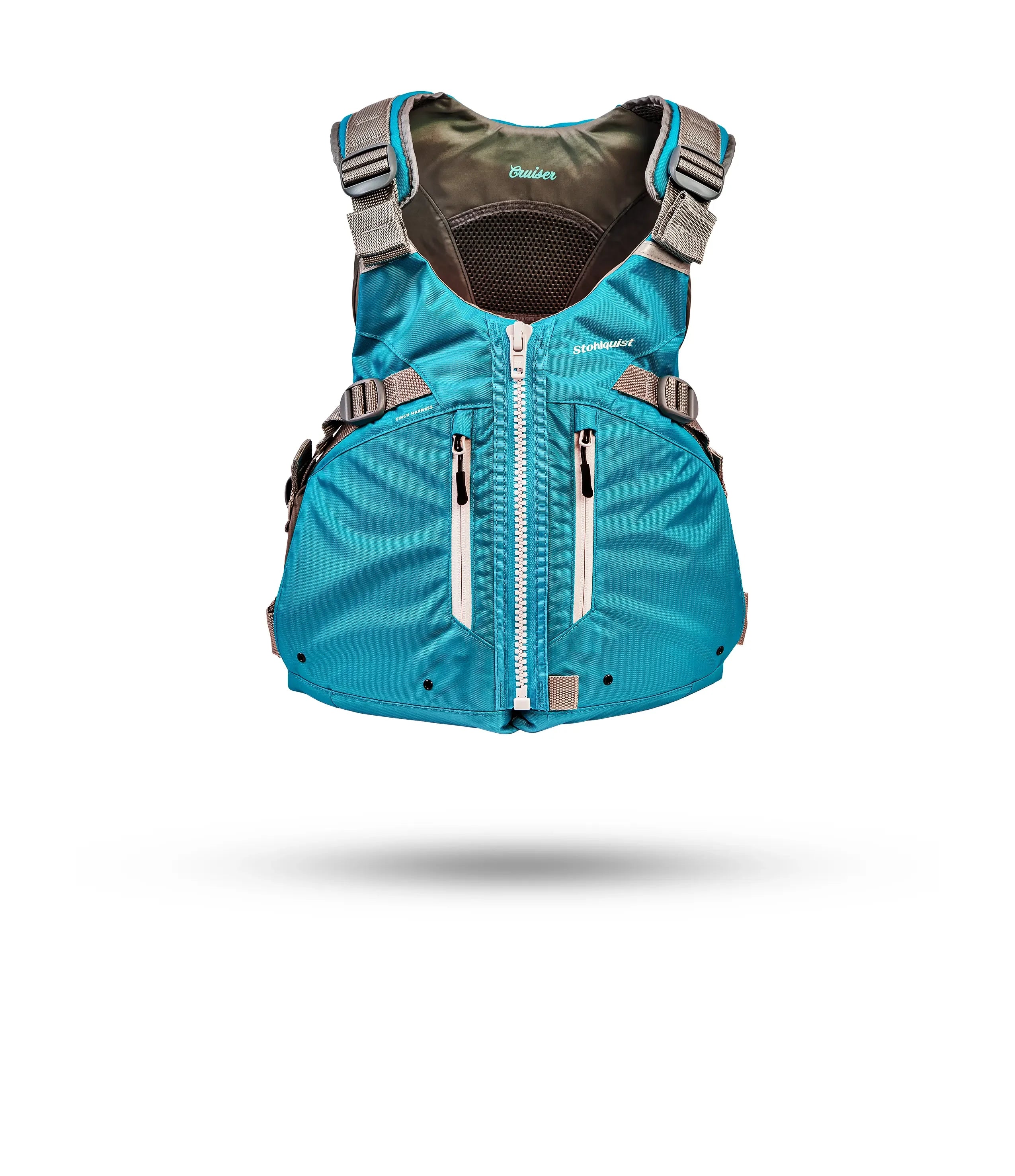 Stohlquist Cruiser turquoise and gray kayaking life jacket front view, safety gear for paddling.