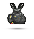 Stohlquist black kayaking life jacket with front pockets and rescue features on white background