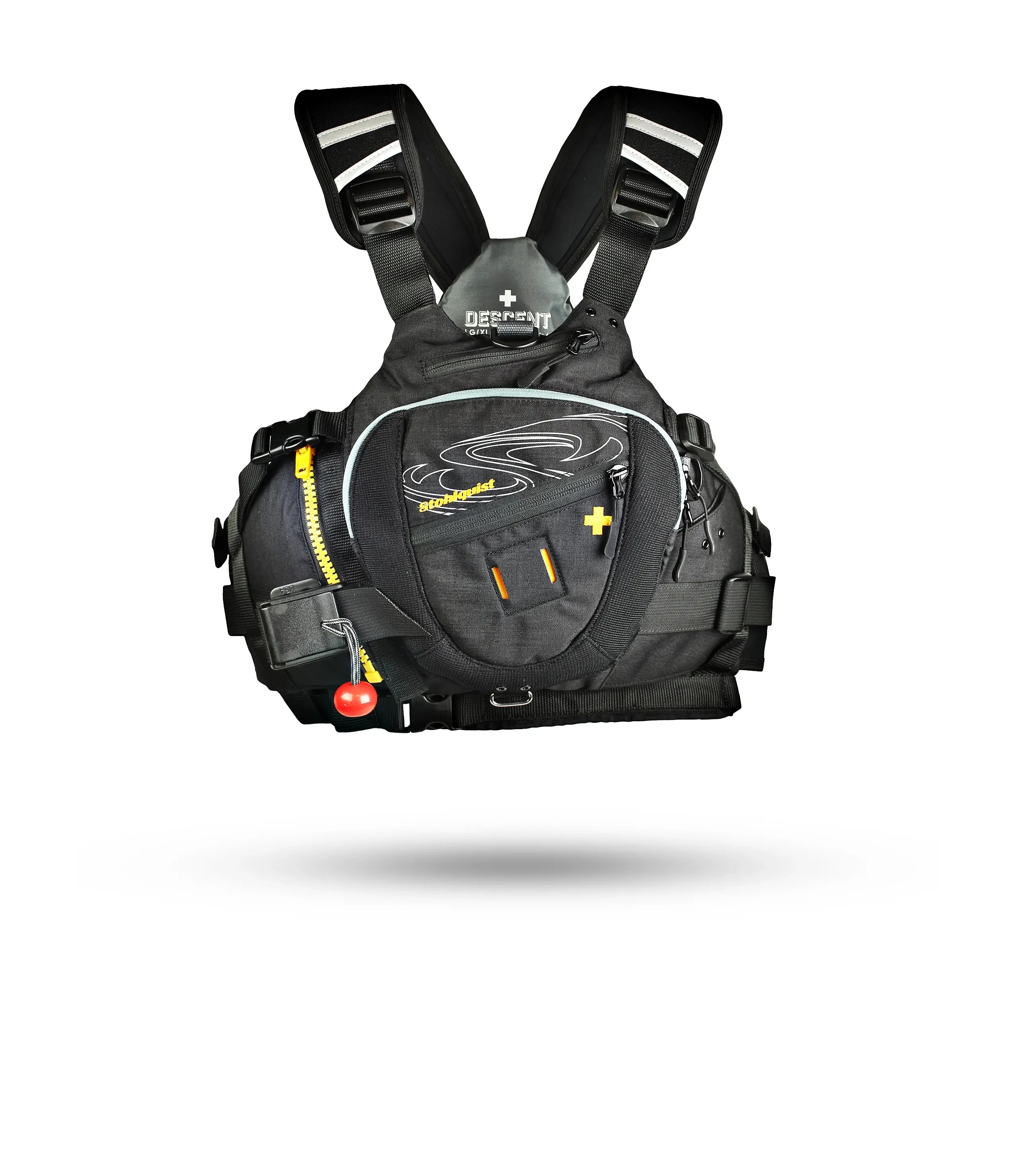 Stohlquist black kayaking life jacket with front pockets and rescue features on white background