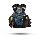 Stohlquist navy kayaking life jacket with pockets, straps, and safety features, product front view