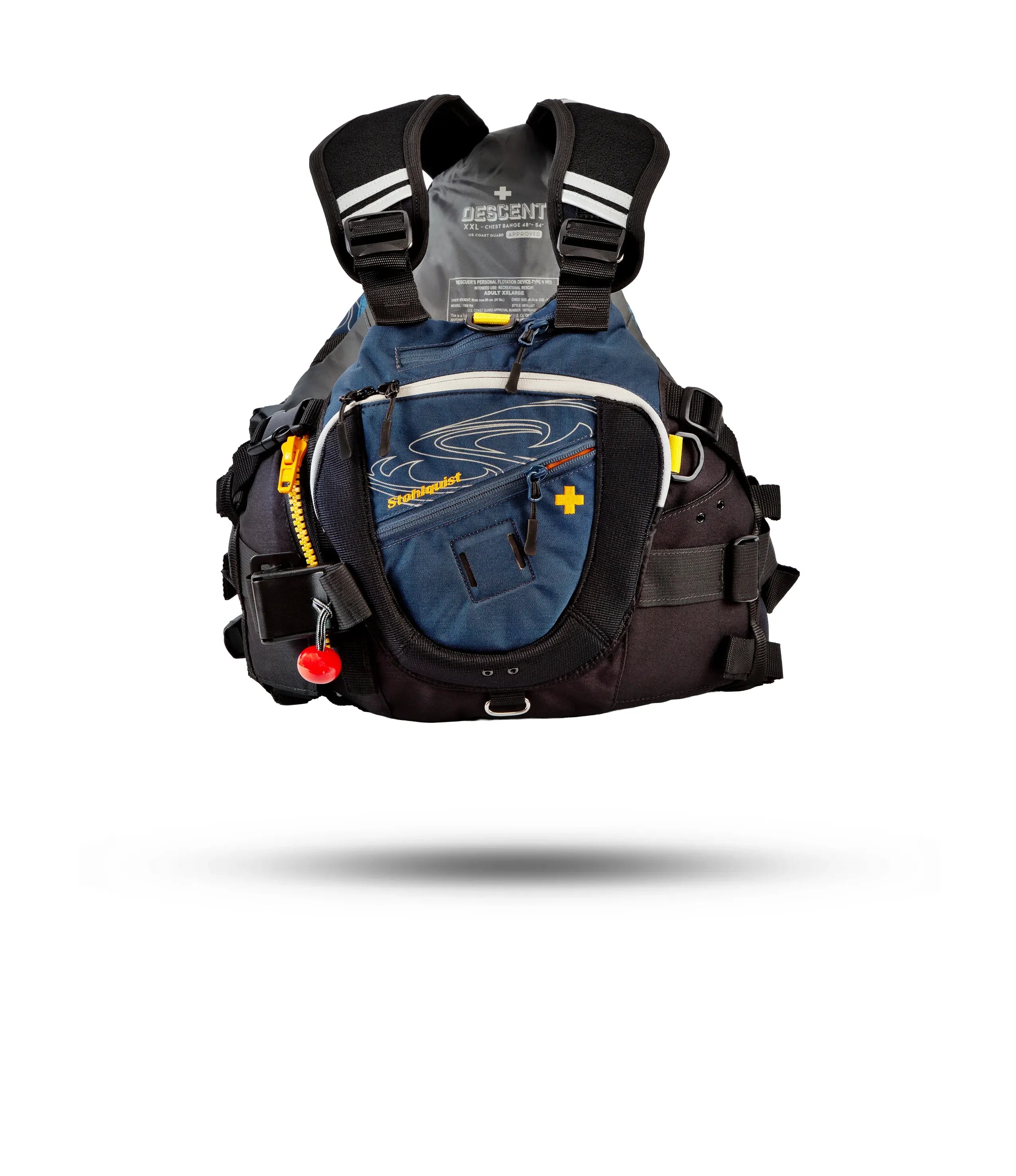 Stohlquist navy kayaking life jacket with pockets, straps, and safety features, product front view