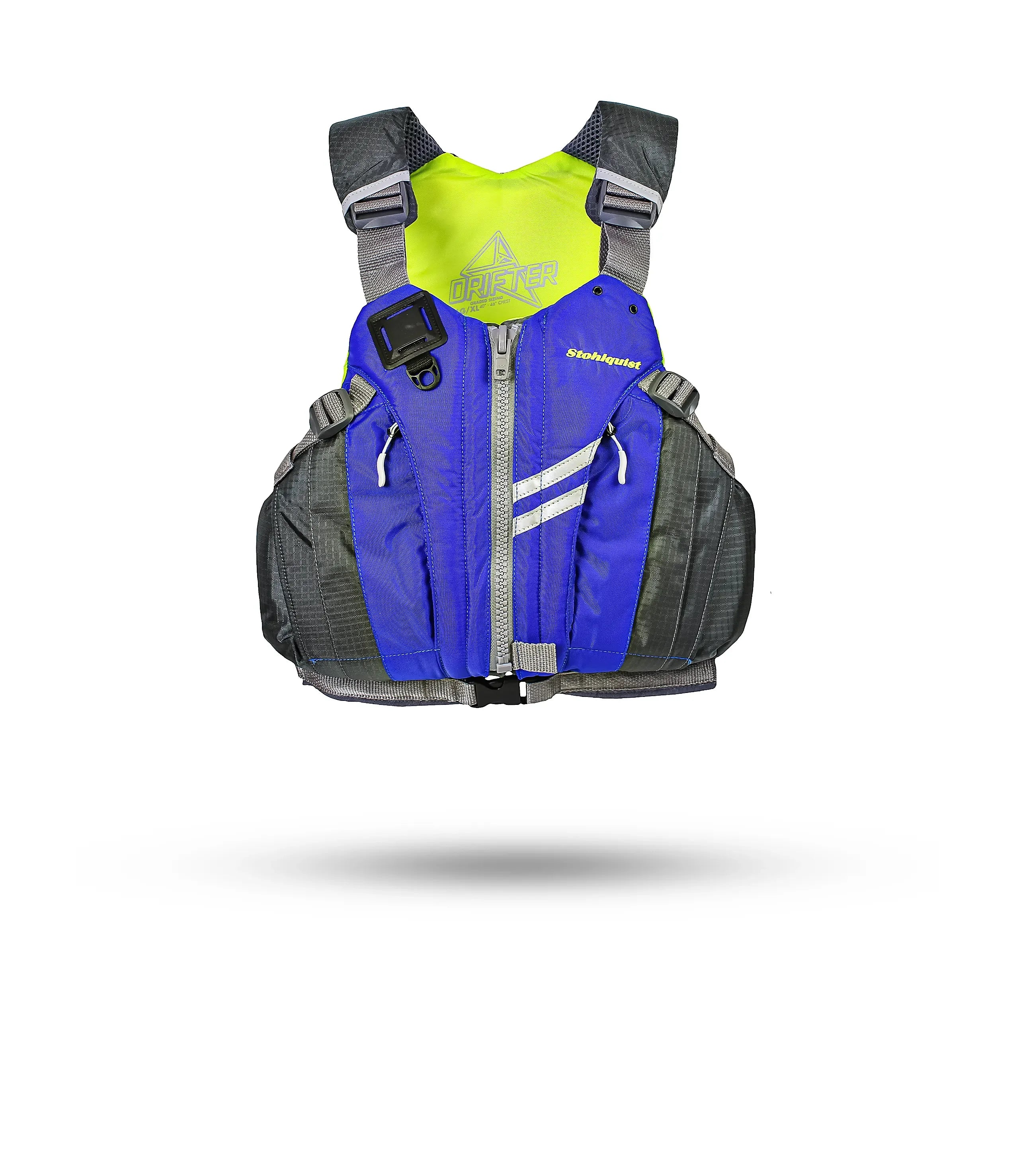 Stohlquist Drifter sapphire blue kayak life jacket with front zipper and reflective accents