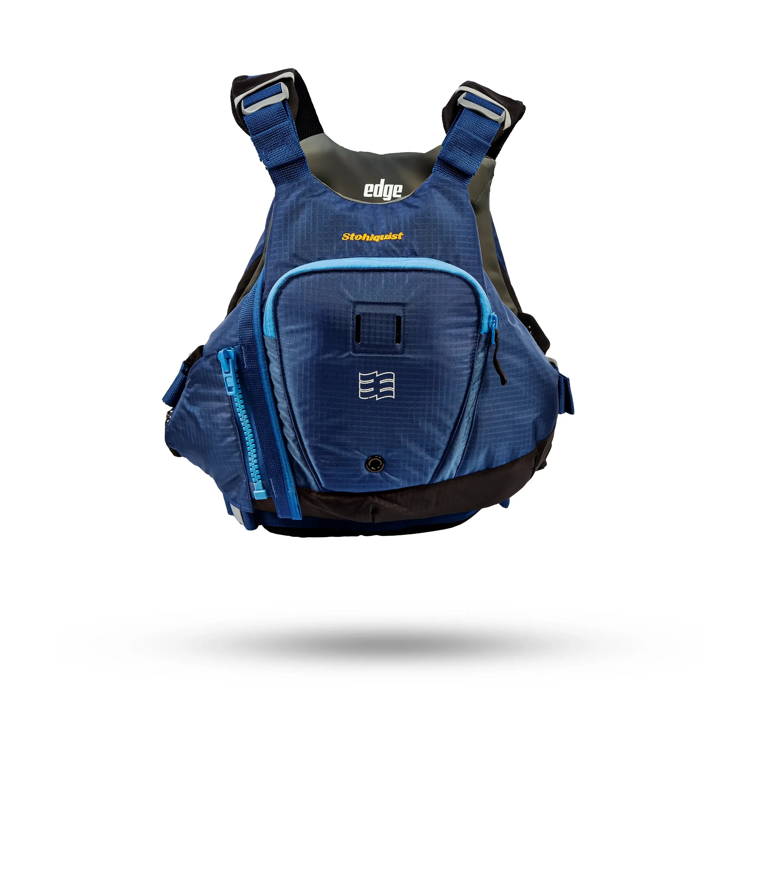 Stohlquist Edge navy blue kayaking life jacket with front pockets and adjustable straps