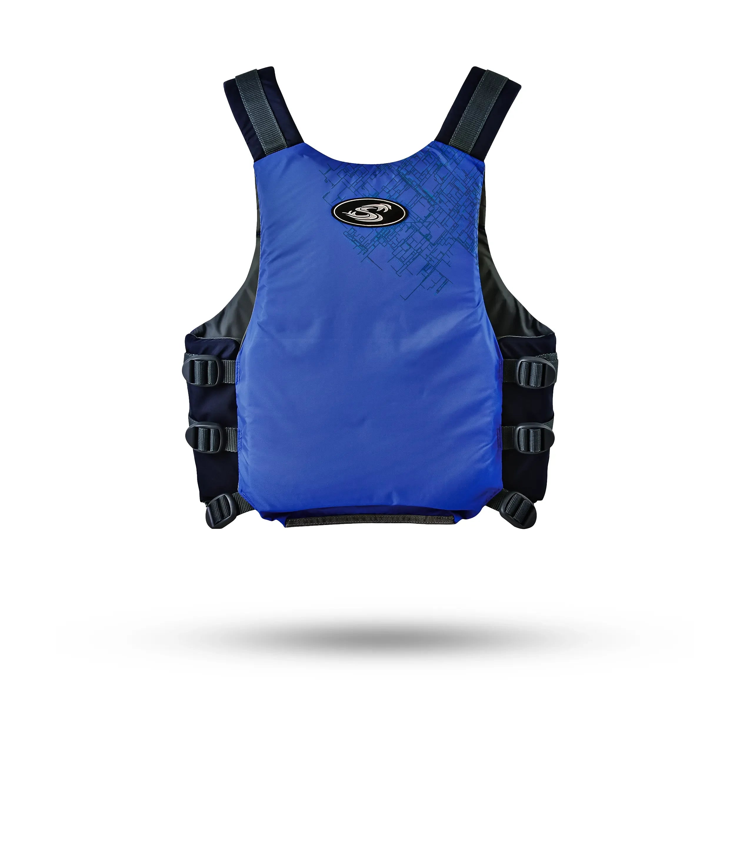 Stohlquist blue kayaking safety life jacket, adjustable straps, back view