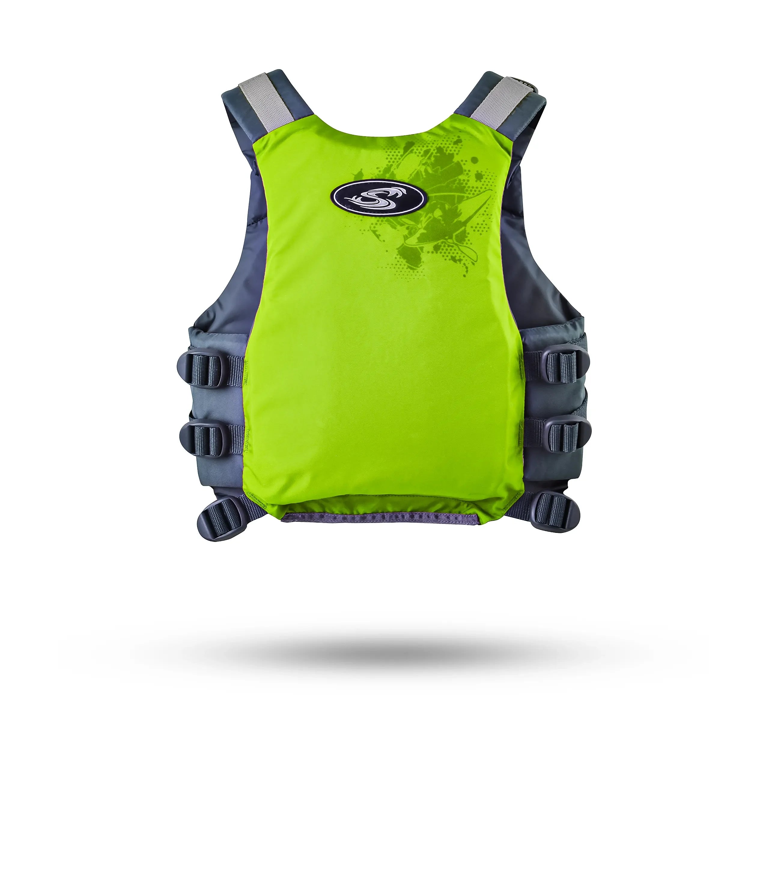 Stohlquist youth lime green kayak life jacket with side straps on white background