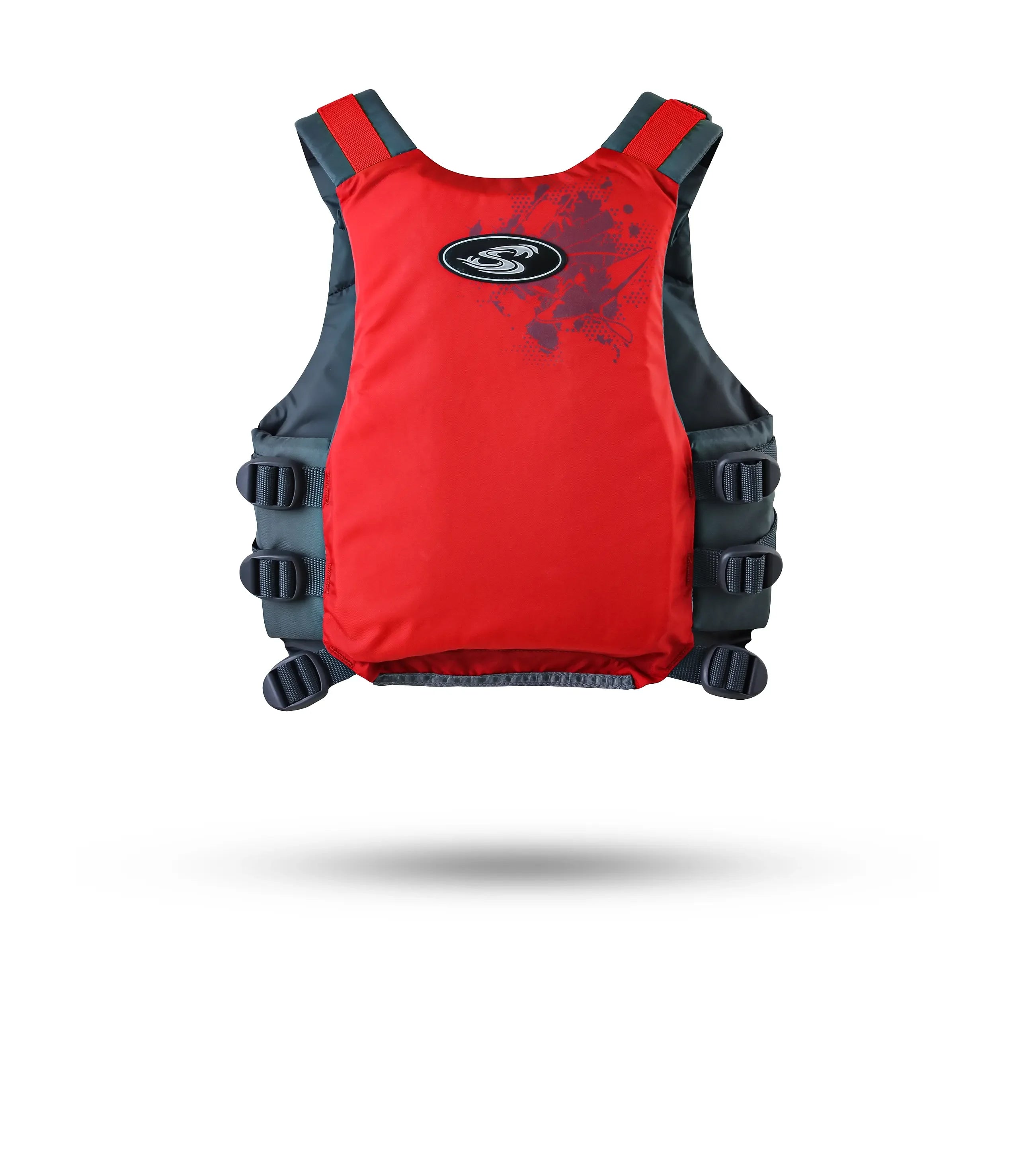 Stohlquist red youth kayaking life jacket with adjustable side straps on white background