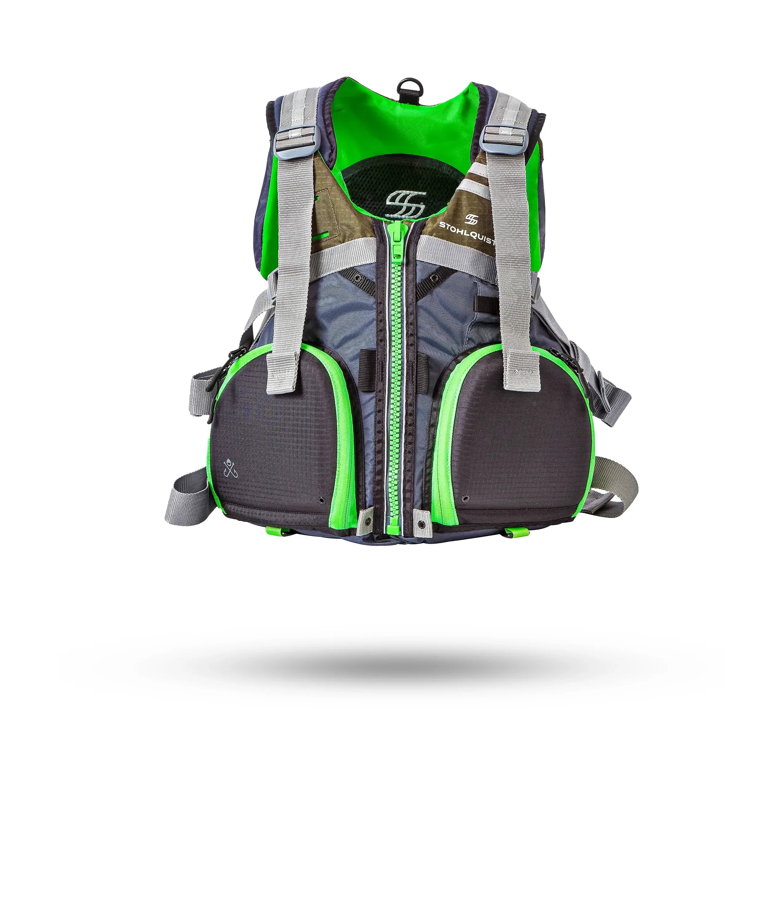 Stohlquist green and gray fishing life jacket with front pockets and adjustable straps