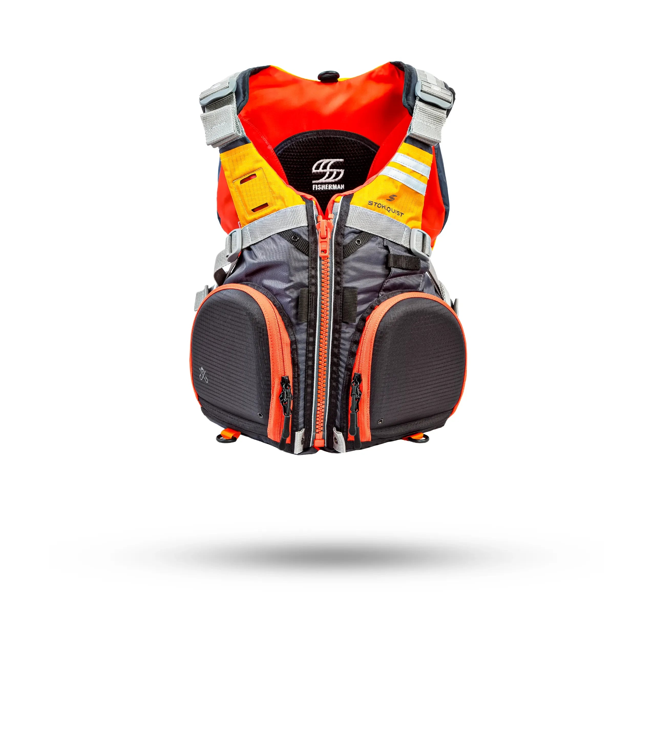Stohlquist Fisherman kayak fishing life jacket with front pockets, orange and gray design