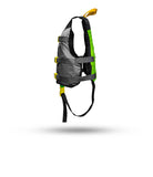 Stohlquist child kayak life jacket gray and green with safety buckles, side view