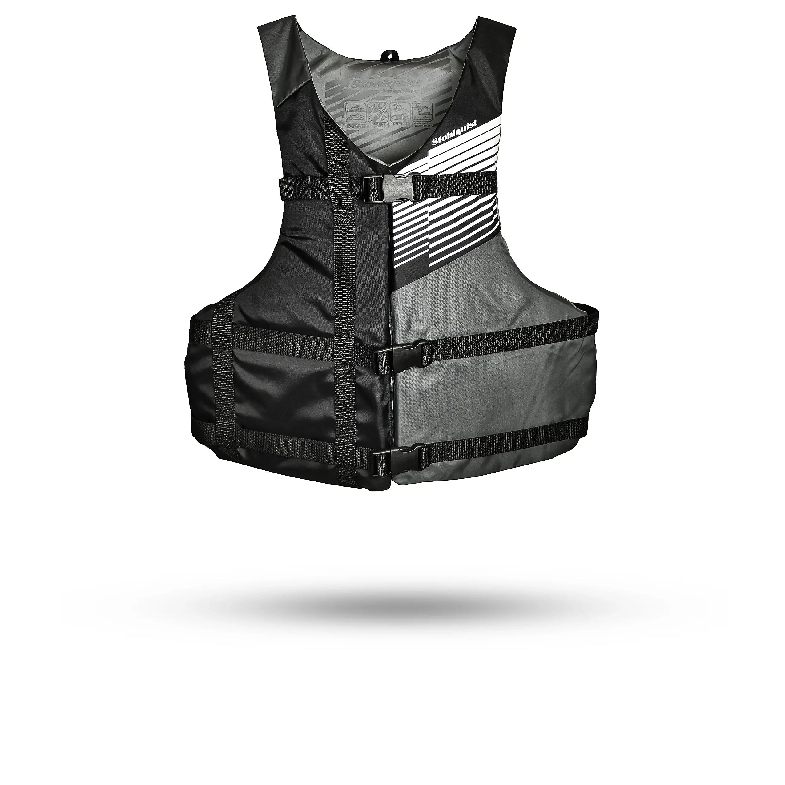 Stohlquist youth gray and black kayaking life jacket with adjustable straps, front view