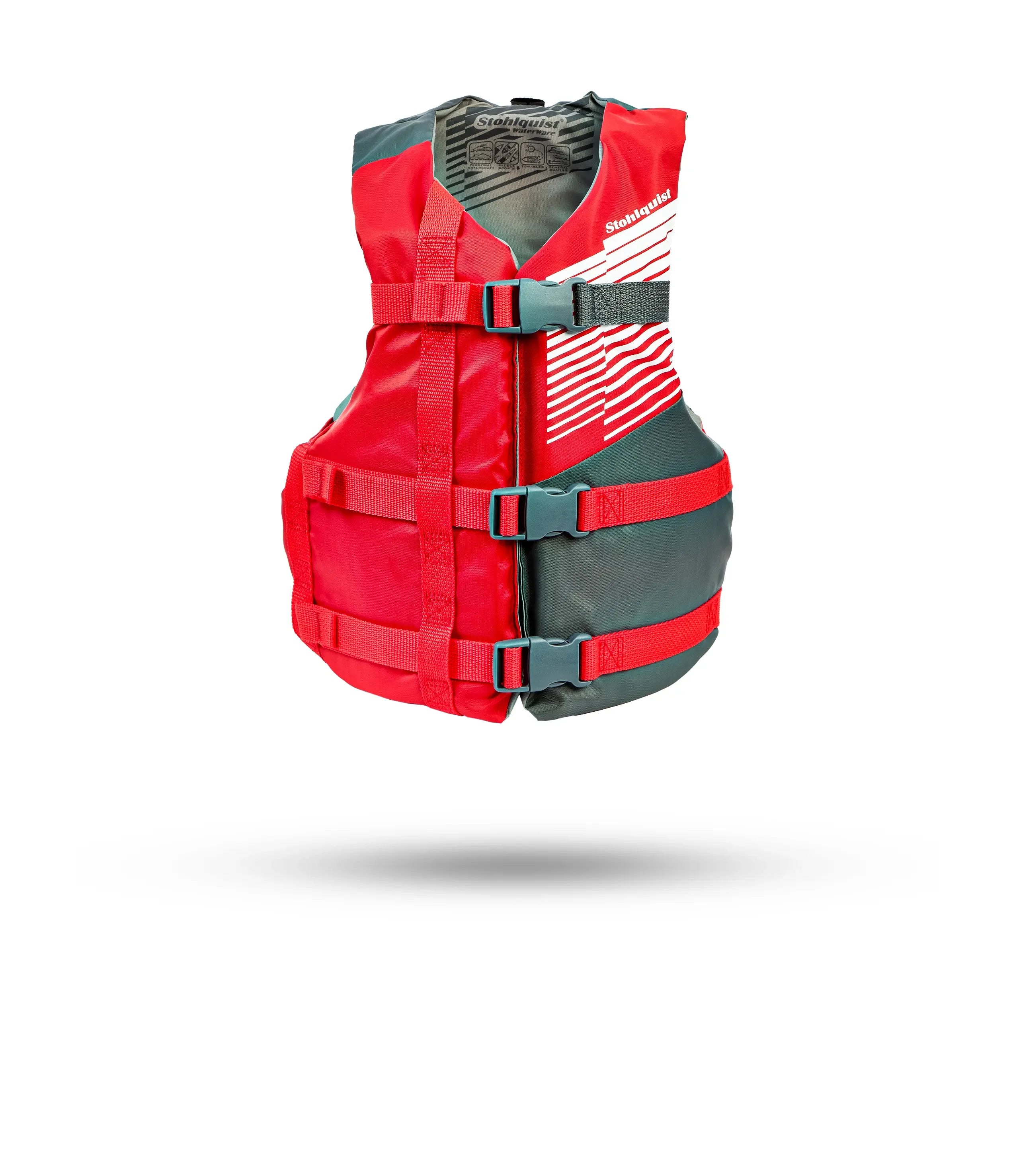 Stohlquist youth red and gray kayaking life jacket with adjustable safety straps