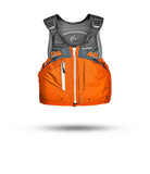 Stohlquist orange kayaking life jacket with front zip and mesh back on white background