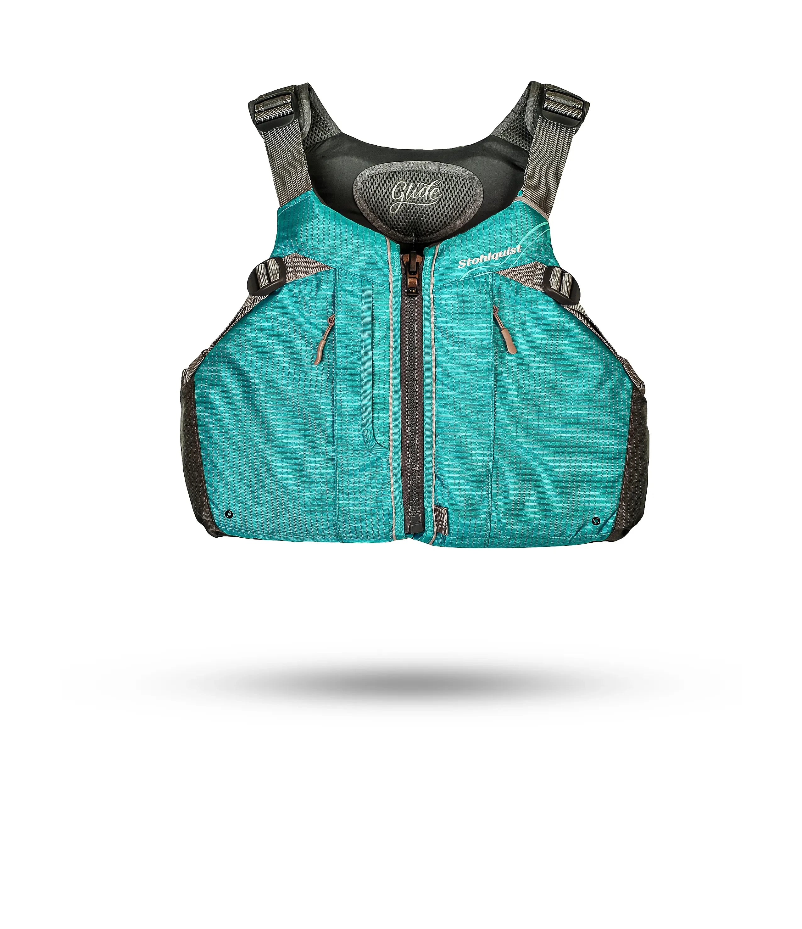 Stohlquist turquoise Glide kayak life jacket front view, padded straps and zippered pockets