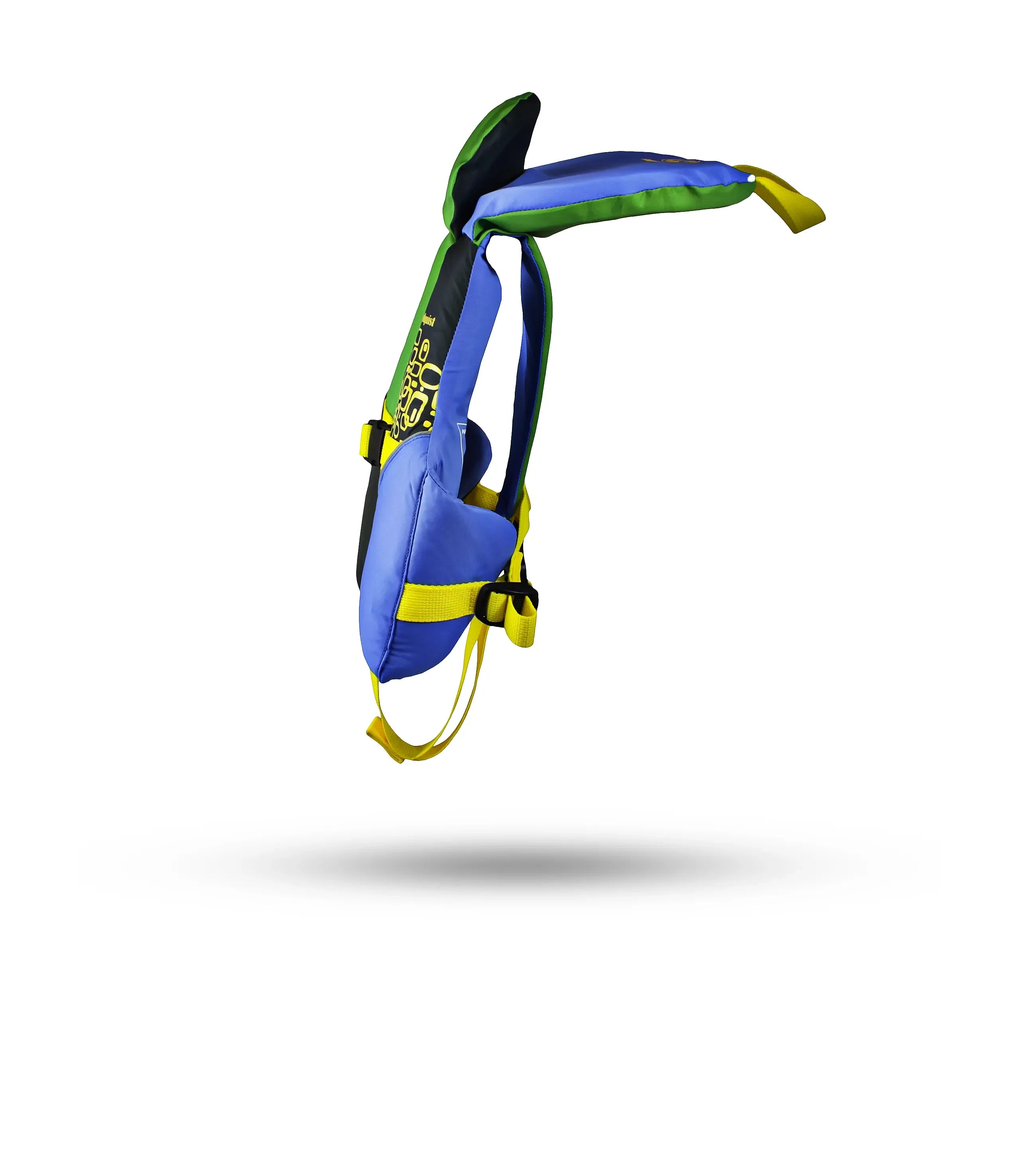 Stohlquist infant blue and green life jacket with yellow straps, side view on white background