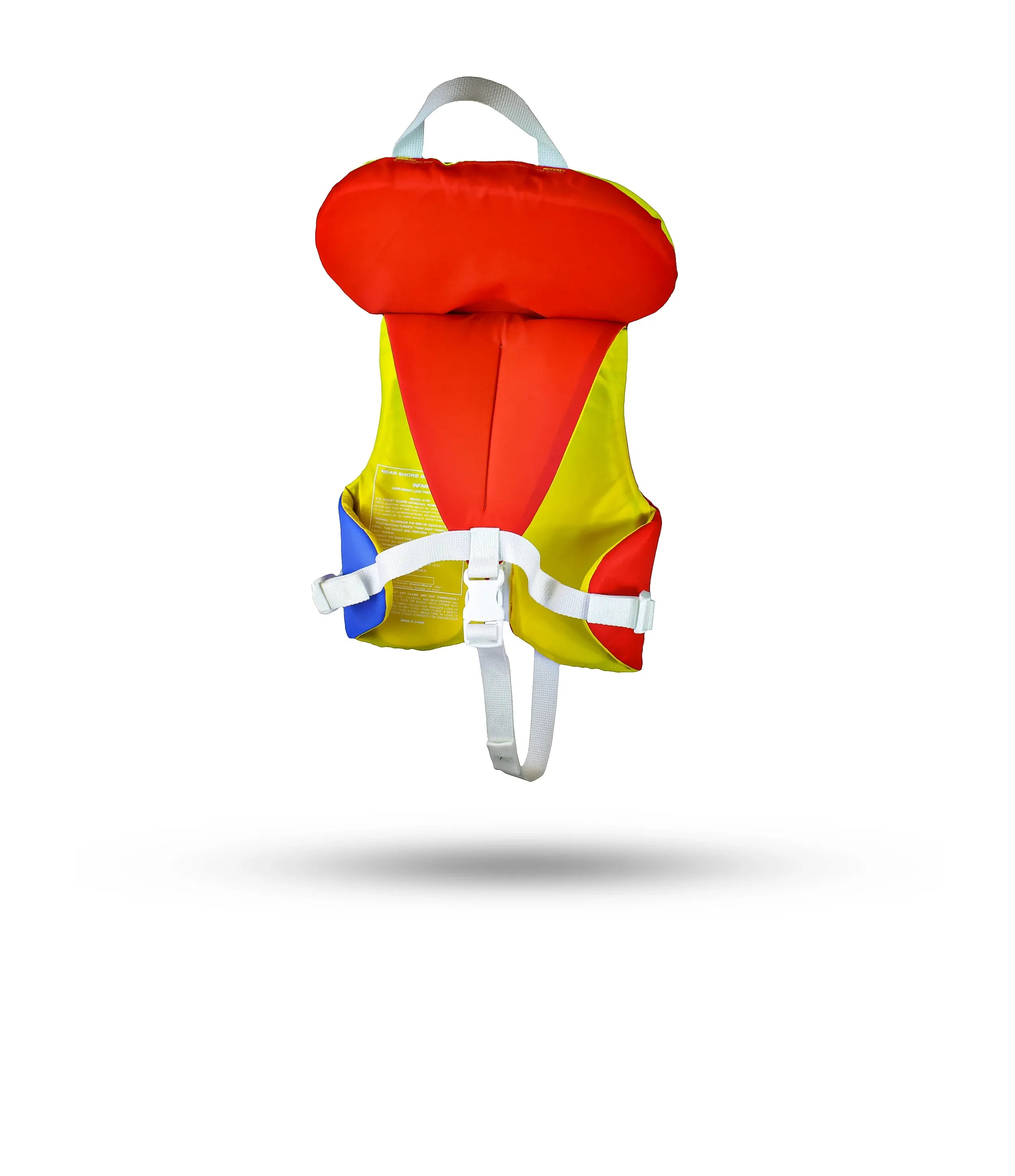 Stohlquist infant life jacket in yellow, orange, and blue with safety straps, back view.