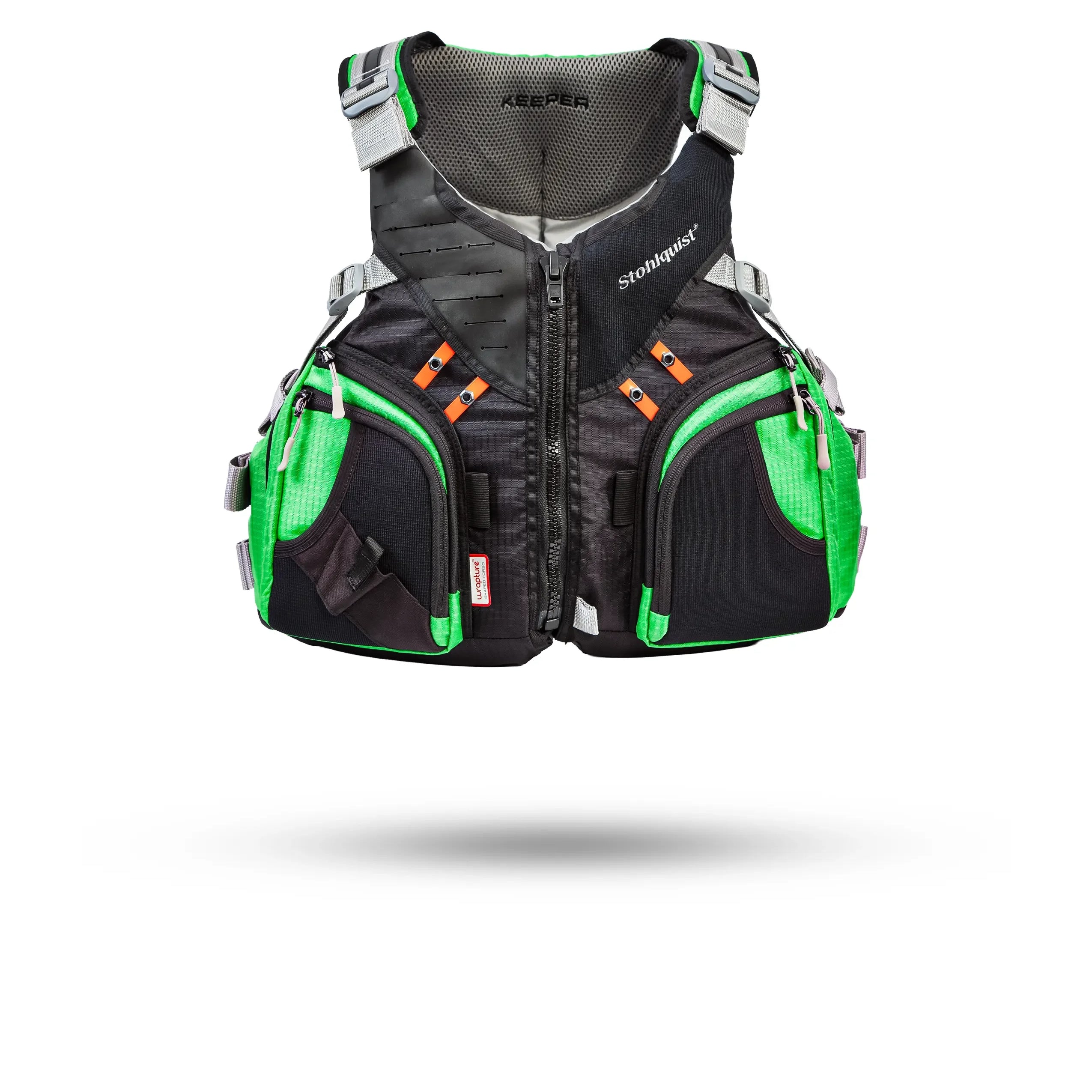 Stohlquist Keeper Electric Lime kayak life jacket with multiple front pockets, black and green design