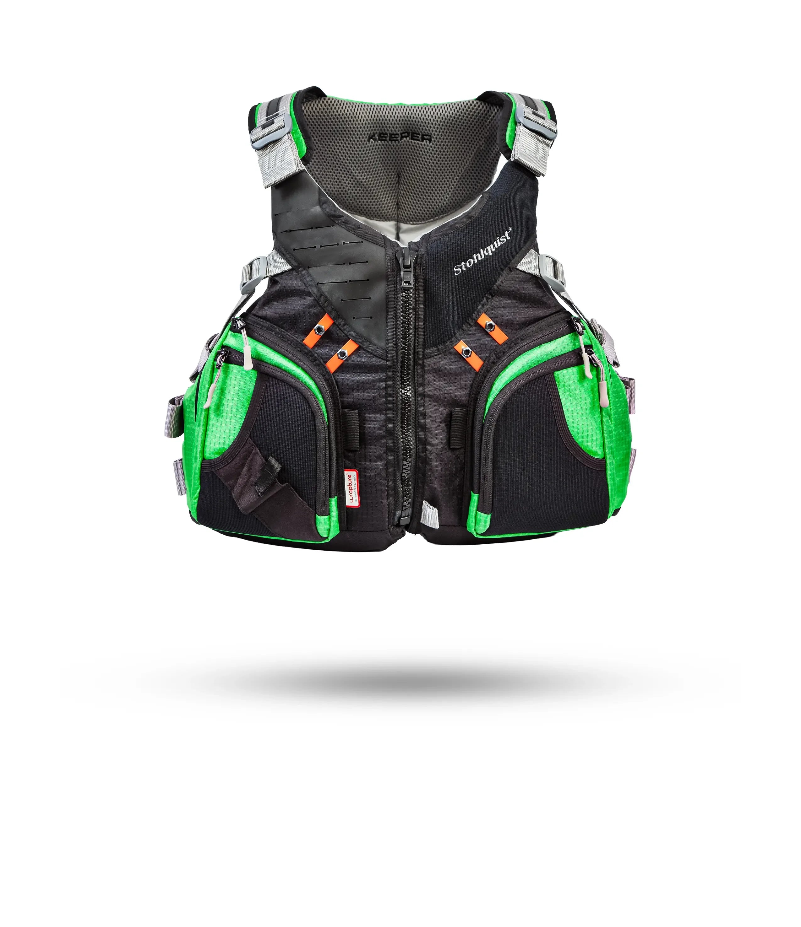 Stohlquist Keeper Electric Lime kayak life jacket with multiple front pockets, black and green design