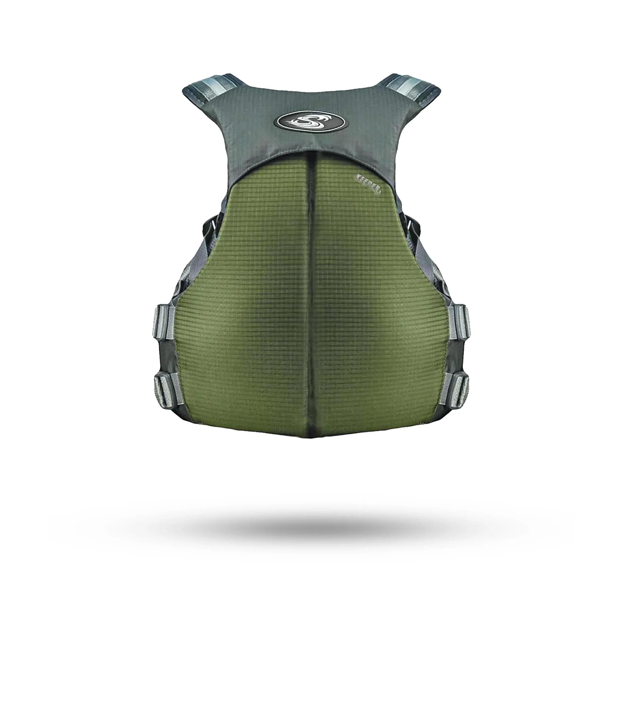 Stohlquist green kayaking life jacket back view, adjustable safety vest for paddling